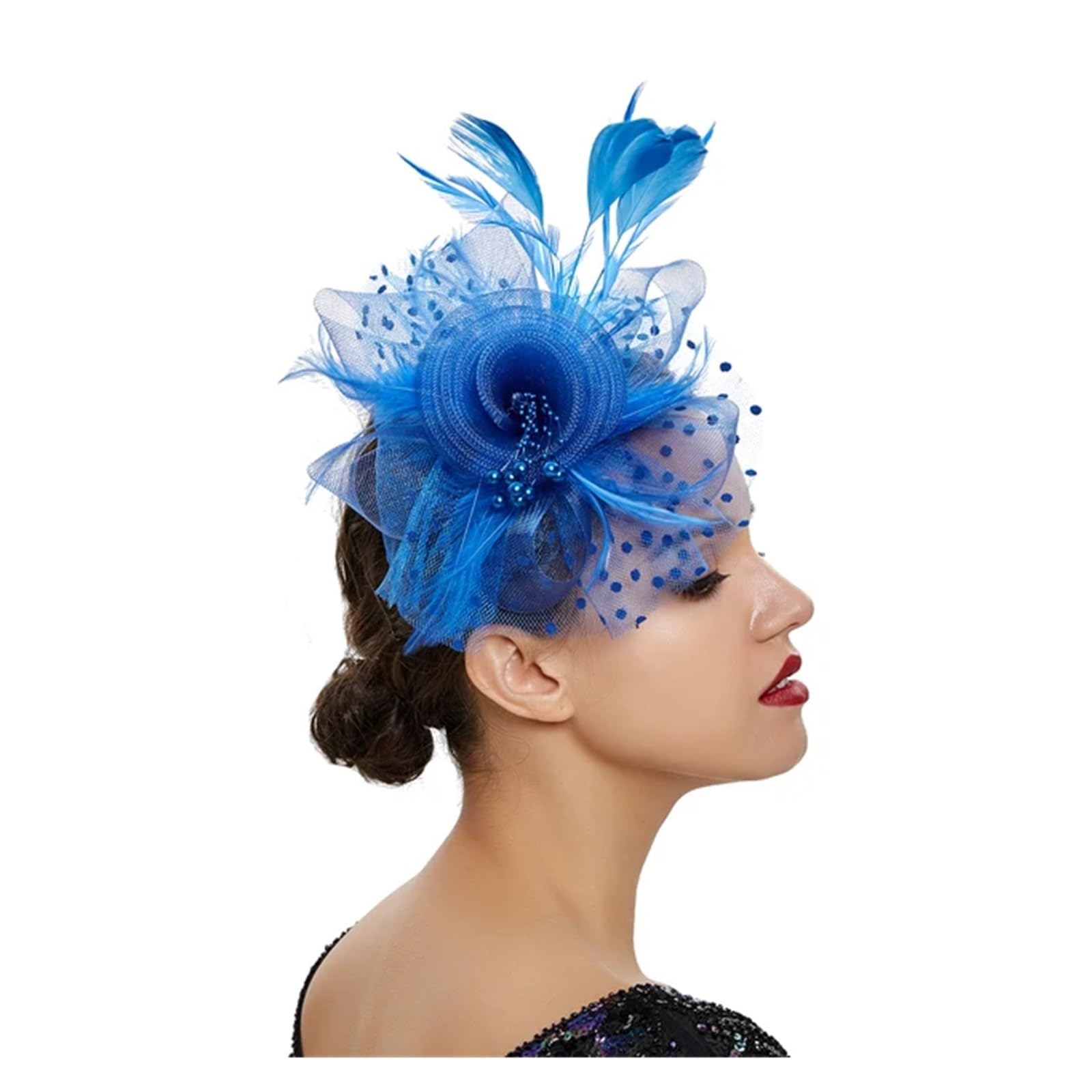 UALXPAO Wedding Hats Women Feather Flower Fascinator Hat Ladies Hair Accessories Wedding Party Floral Mesh Veil Headband Hairpin for Tea Party,Weddings(Blue2)