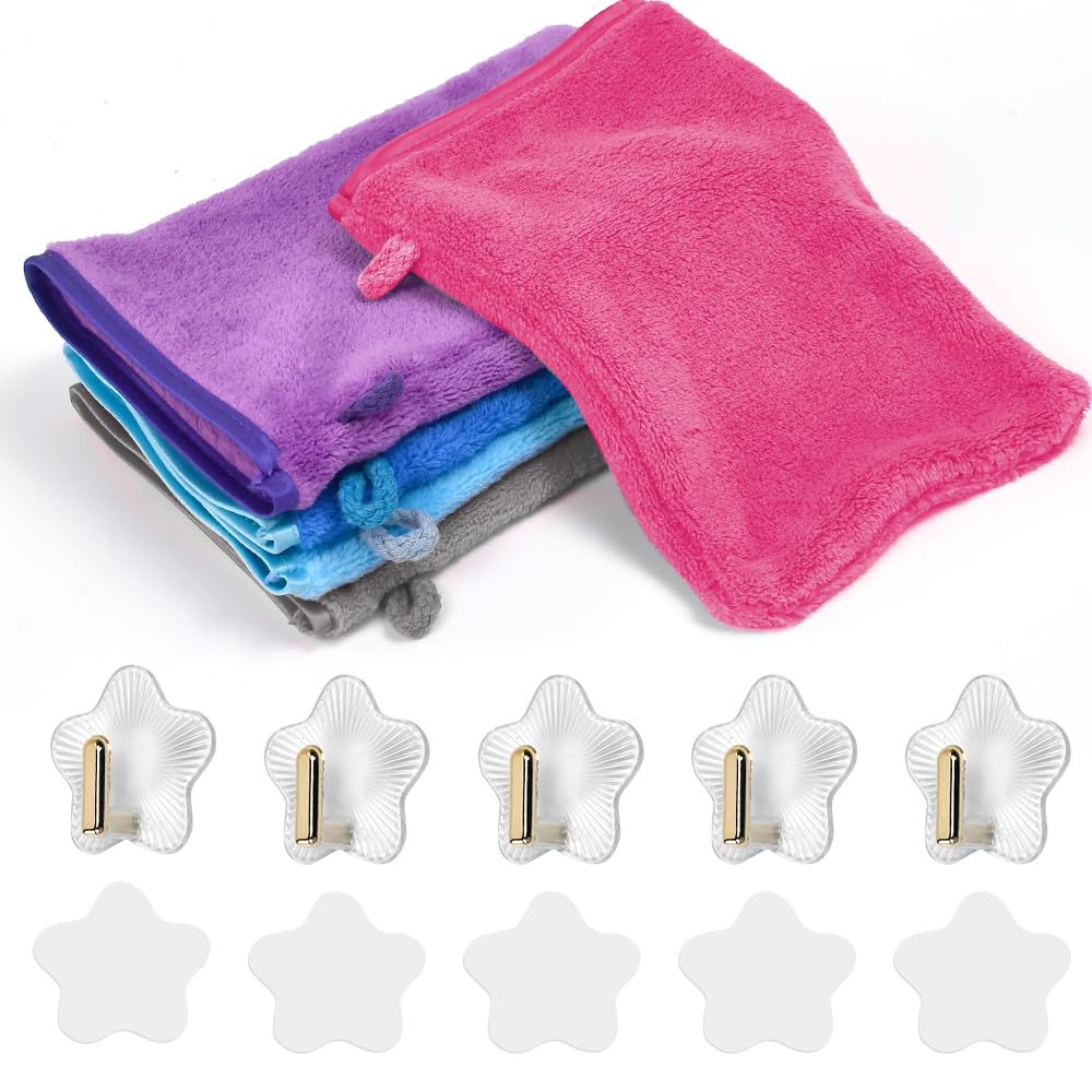 5 Manoplas de Baño para Ducha con 5 Ganchos de Baño Adhesivos Manoplas de Toalla para Baños de Franela Suave para Bebé Niño Adultos Mascotas Guantes de Baños para Ducharse Lavarse