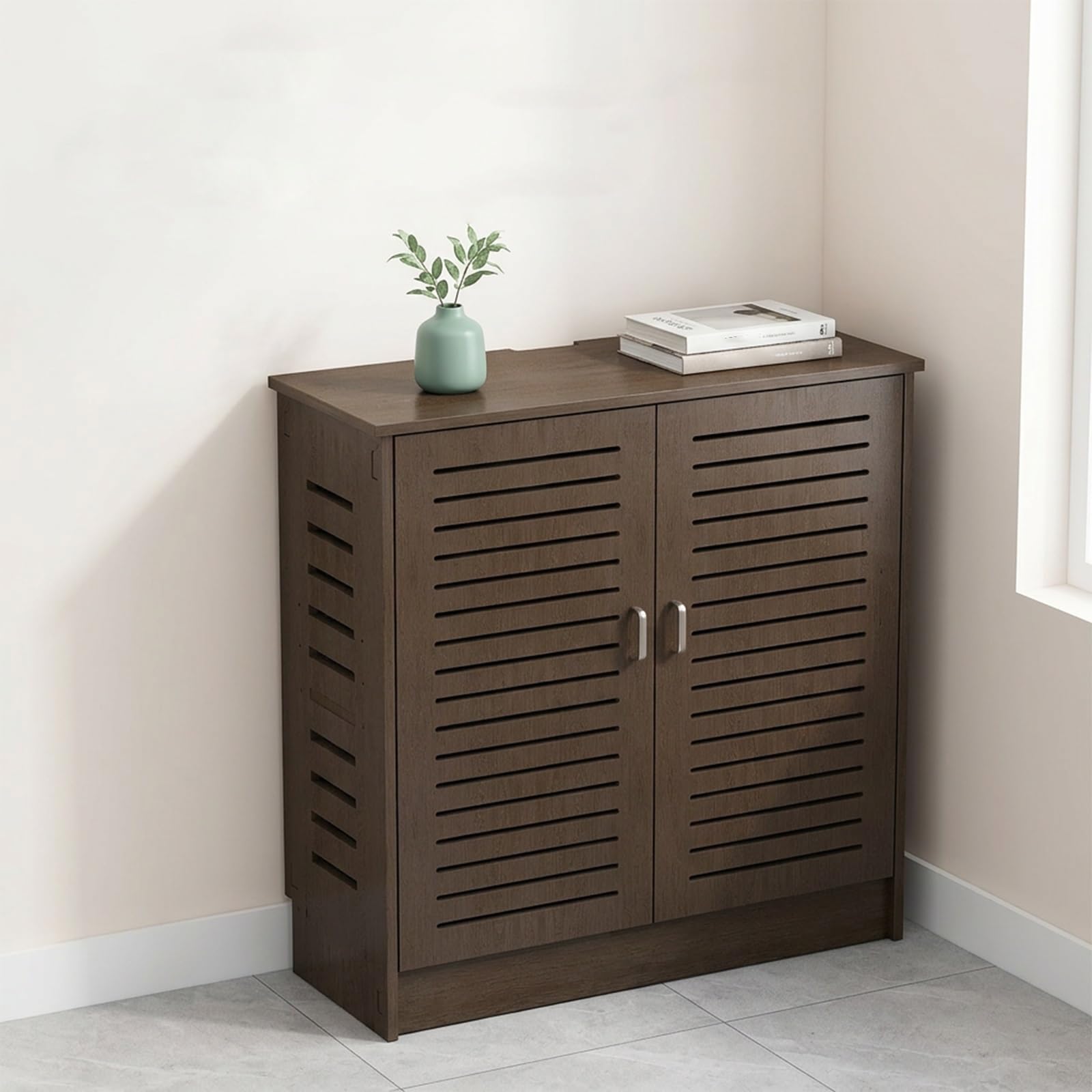 MESCXTY Modern WiFi Router Storage Cabinet with Adjustable Shelves,Double-Deck Media Cabinet,Power Strip and Cable Management Hider Organizer,Hollow Decorative(Brown,27.5 * 11.8 27.5in)