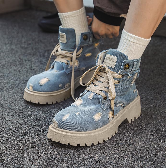 Men's Retro Denim High-Top Sneakers Durable Thick Sole Lace-Up Casual Shoes for Outdoor & Everyday Wear4