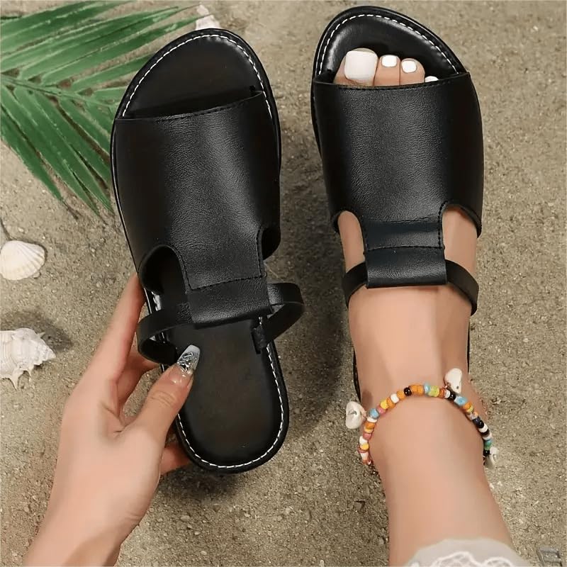 Women's Cut Out Slide Sandals, Trendy Faux Leather Flat Slide Sandals, Lightweight Slip On Outdoor Shoes2