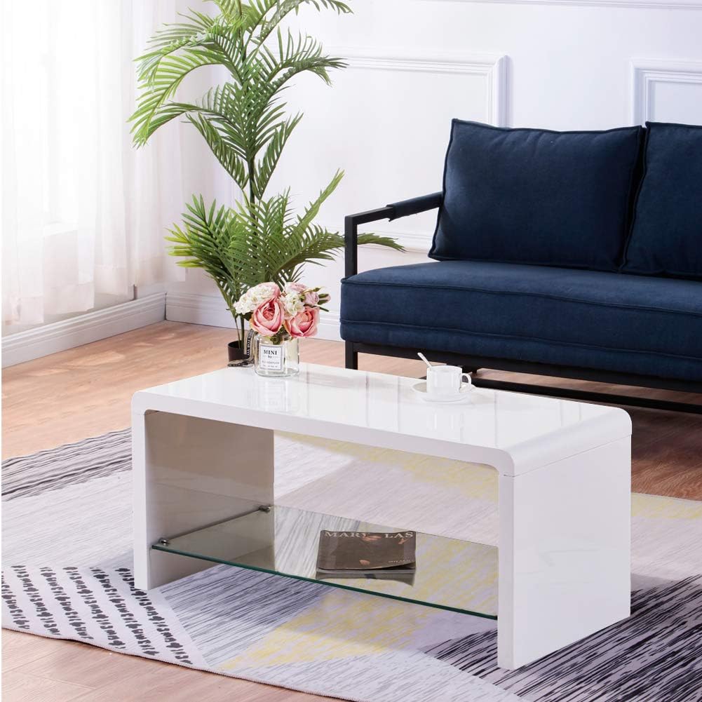 GOLDFAN Rectangular Coffee Table Wood Console Sofa Table with Glass