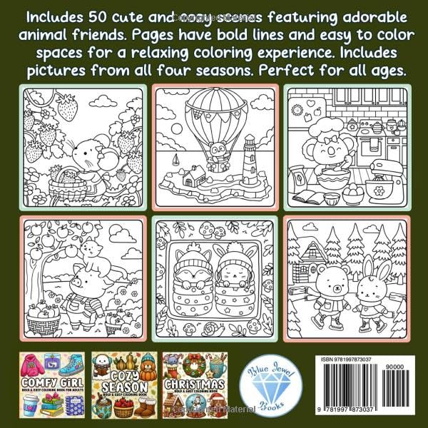 Bold and Easy Coloring Book: Relaxing Days Cute and Cozy Animal Scenes for All Seasons, Spring, Summer, Fall and Winter, for Adults, Teens, Seniors and Kids, Girls image 3