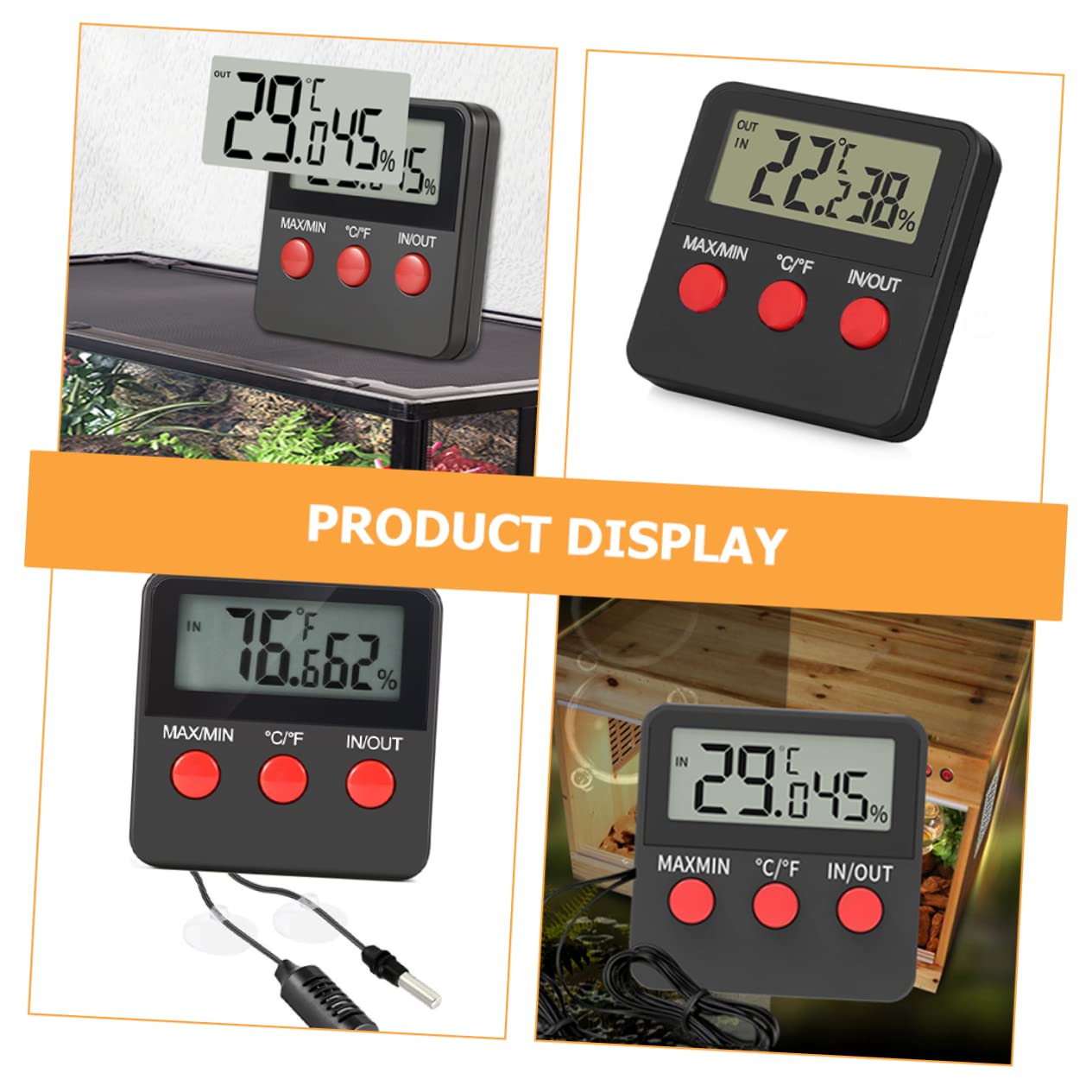 VANZACK 4juegos Digital y Higrometro De Reptiles Medidor De Temperatura y Humedad Para Terrarios y Hueveras Pantalla y Números Claros Sin Baterías