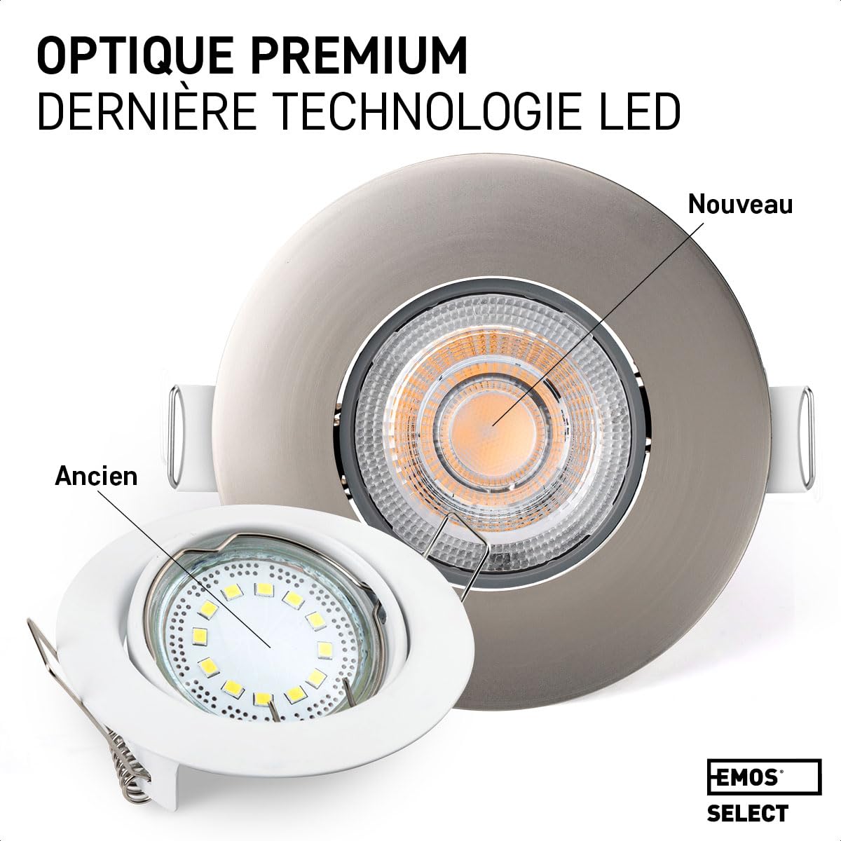 EMOS Spot LED encastrable 230V, 4.9W / 380lm | Spot LED Extra Plat 50° orientable, blanc chaud 3000K | Lot de 6 Spots de plafond pour l'intérieur, Plafonnier LED encastré, couleur argenté