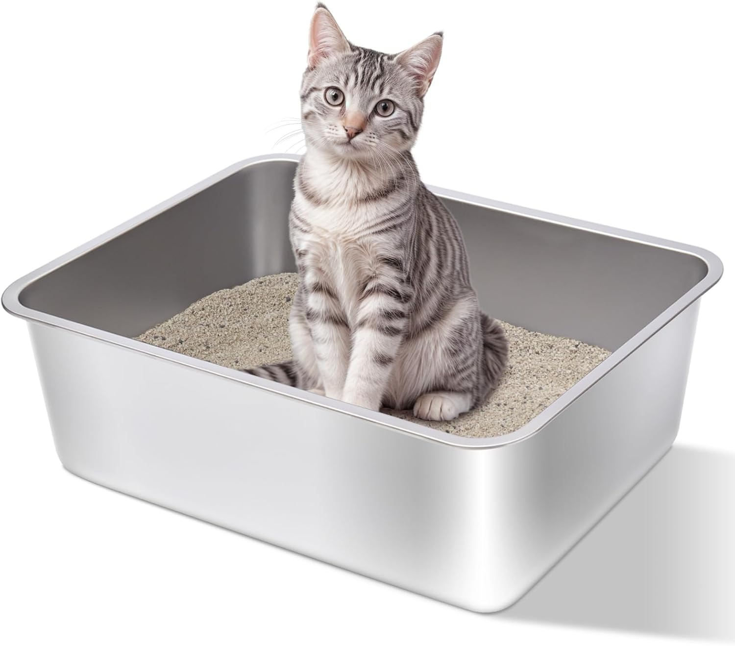 Stainless Steel Litter Box- 17.7" L x 13.77" W x 6" H Metal Cat Litter Box, Medium Cat Litterbox for Kitty or Rabbits,Non Stick, No Smell, Easy to Clean Medium:17.7x13.77x6inch