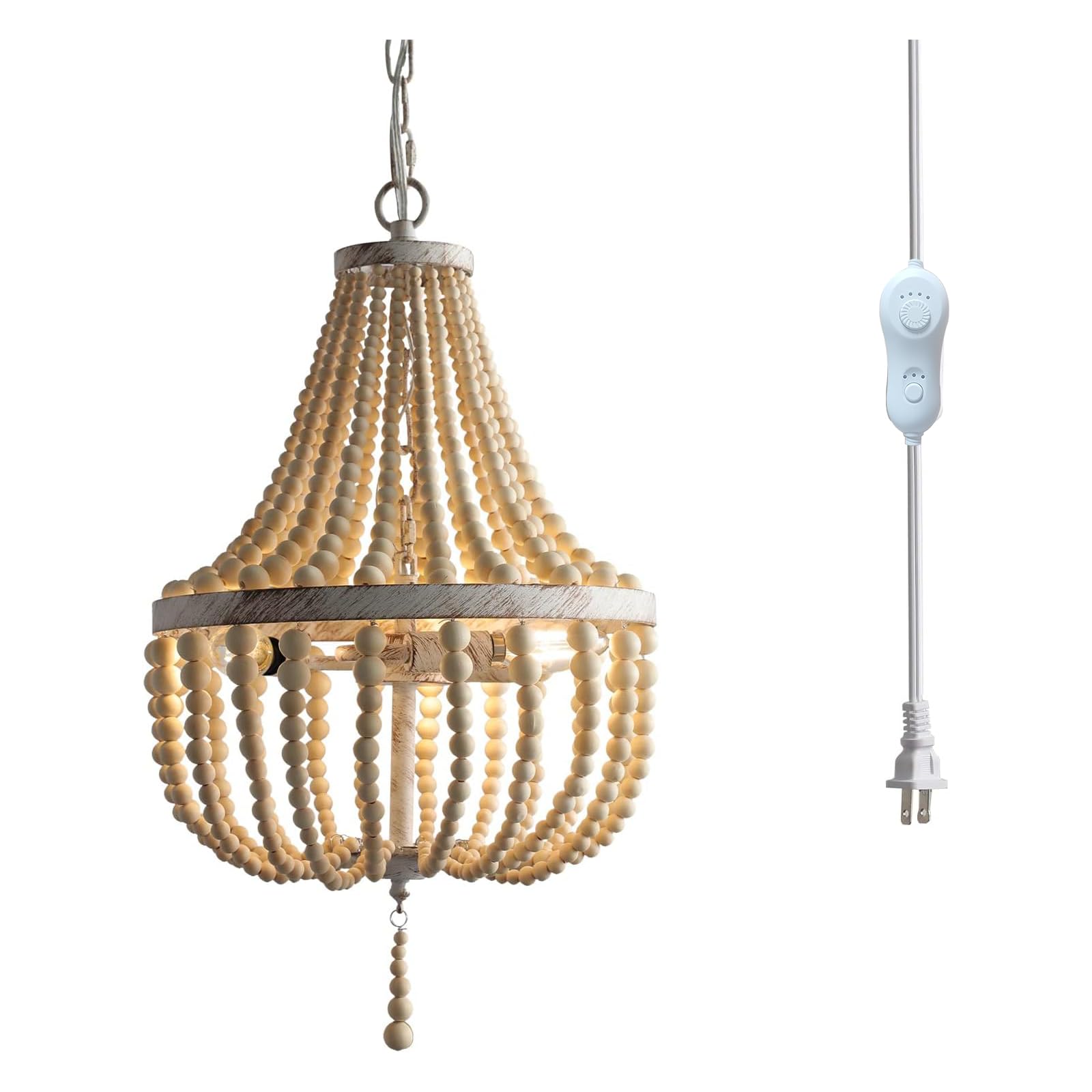 3-Light Mini Wood Beaded Bohemian Plug in Chandelier Dimmable and 