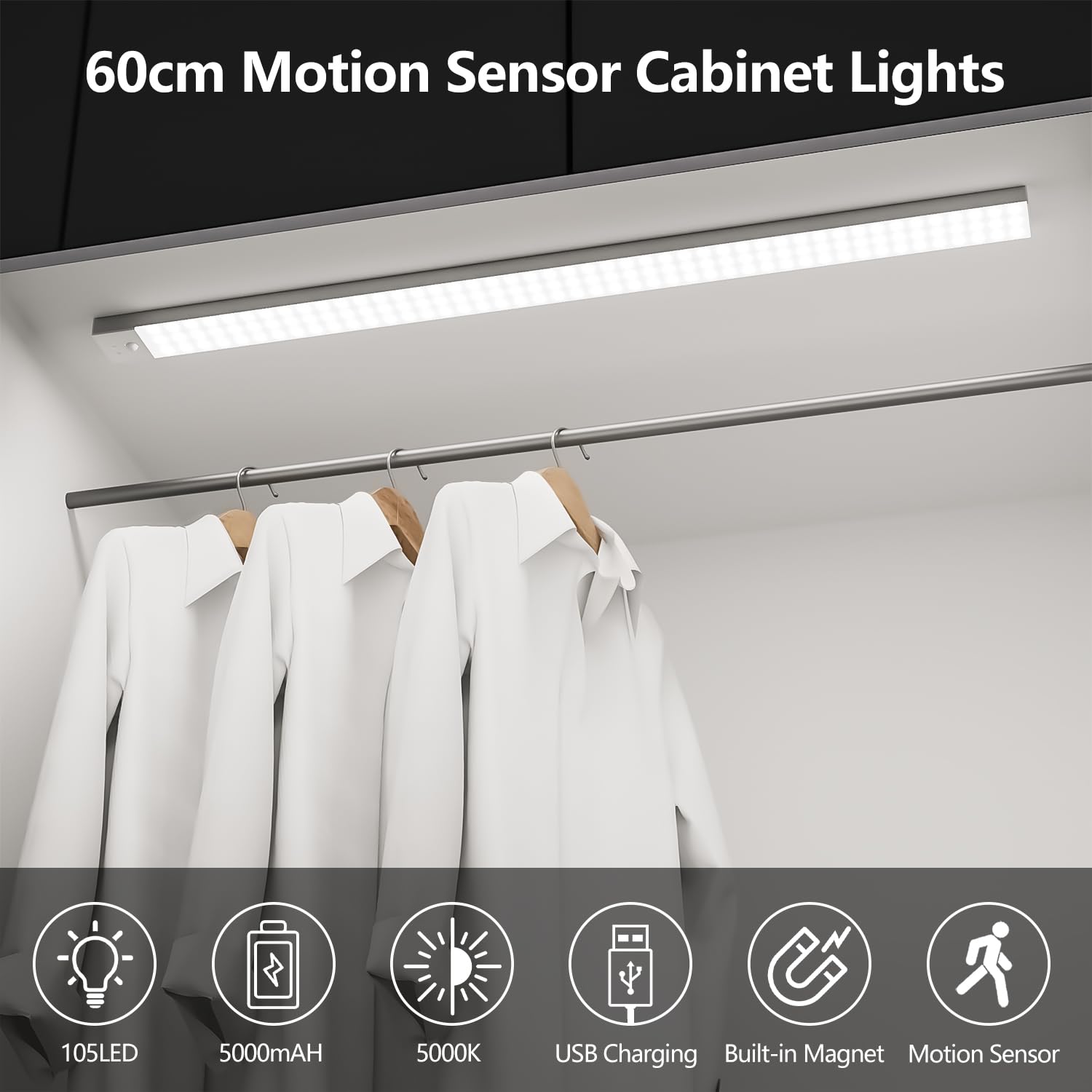 OUILA Luce Led Sottopensile Cucina 60cm, 2PCS 5000mAh 4 Modalità con Sensore Movimento,5000K Luce Armadio Led con Sensore per Armadio Scale Corridoio Garage Letto