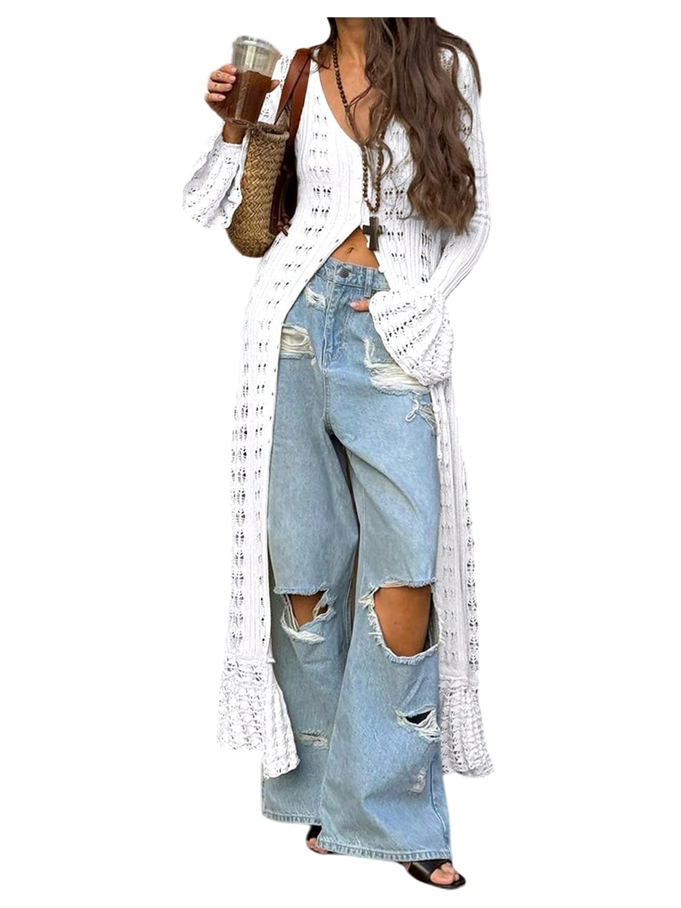 Verdusa Womens Crochet Long Cardigans Hollow Out Knit Sweater Cover Up Maxi Dress Long Sleeve Button Down Cardigan