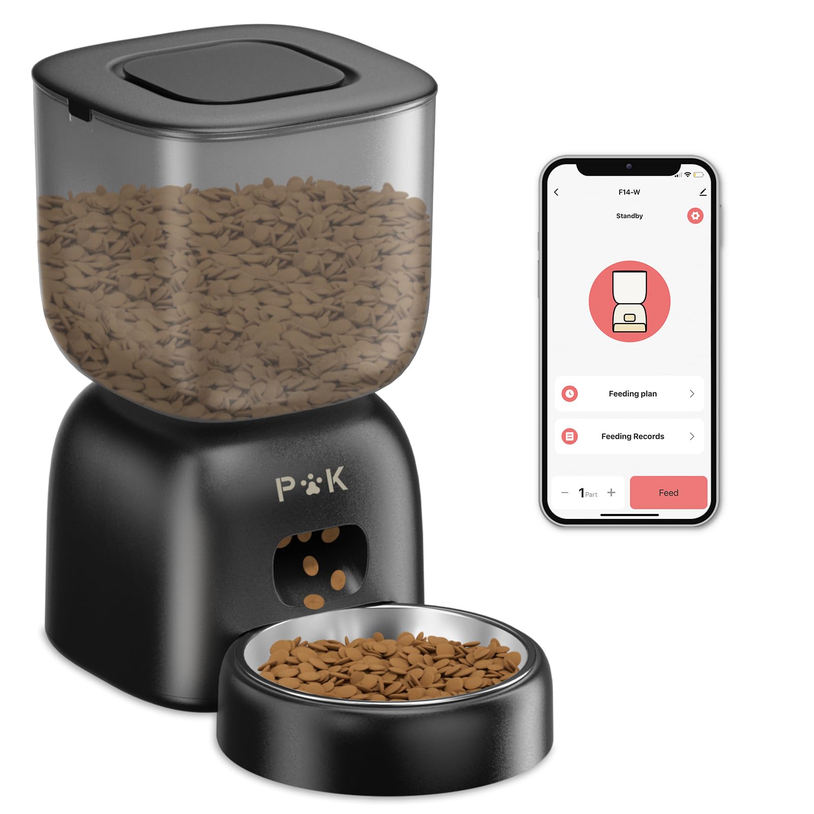PUPPY KITTY Comedero Automático Gato, 2.4G WiFi Dispensador Comida Gatos con Grabación de Voz 10S, Bol de Acero Inoxidable 304, 1 a 10 Comidas, 3L (Black)