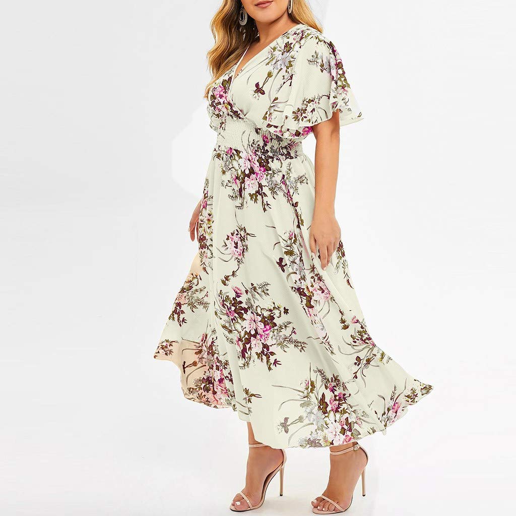 QWUVEDS Talla Casual Ropa Corta Mujer Manga Cuello en V Flores Estampado Plus Moda Plus Tamaño Vestido Mujer Tallas Grandes Vestido de Boda Vestido de Verano para Mujer Elegante Sexy