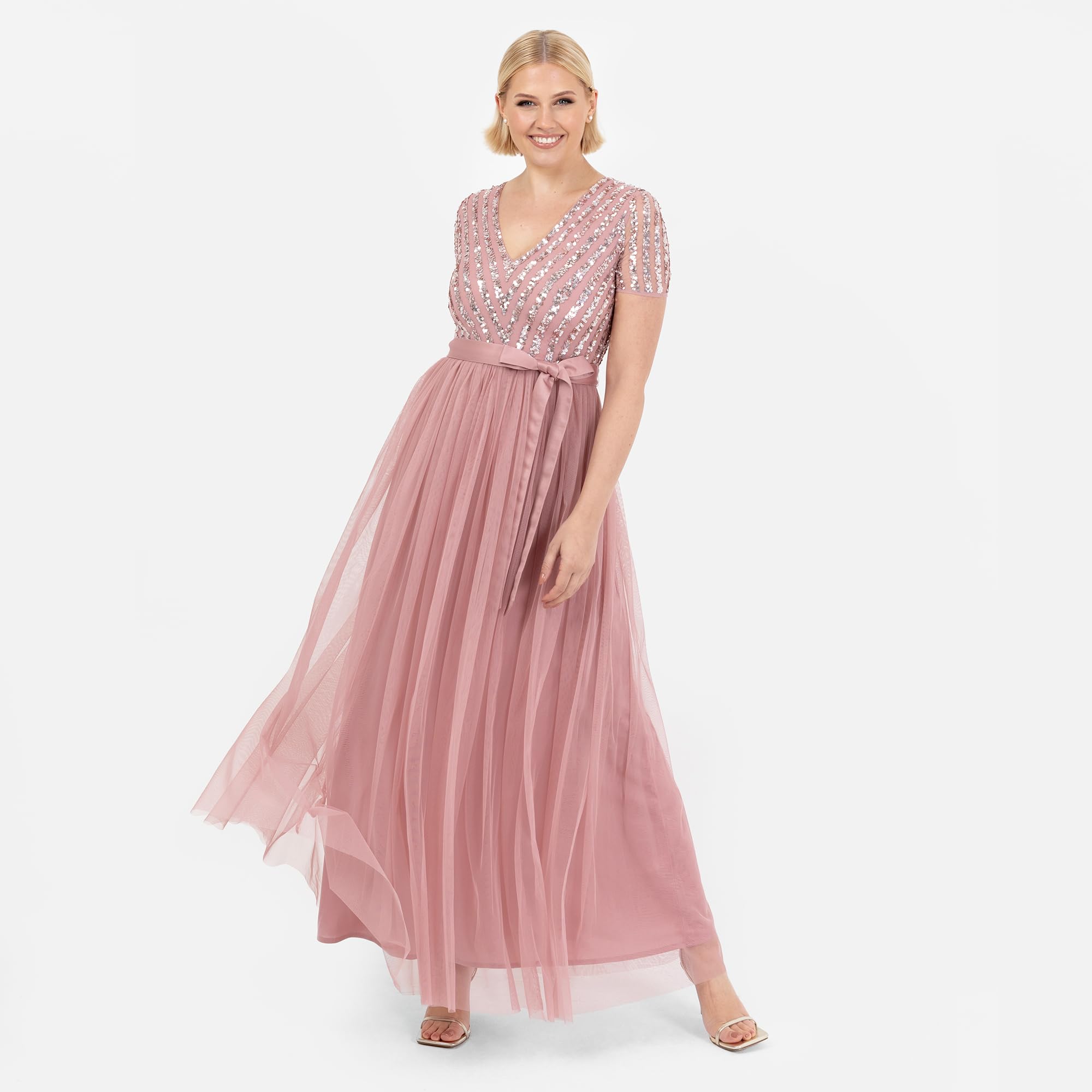 Maya Deluxe Sukienka maxi dla kobiet damska suknia balowa z dekoltem w szpic z krótkim rękawem długa elegancka talia Empire z paskiem vintage róża rozmiar 26, Róża Vinatge, 52
