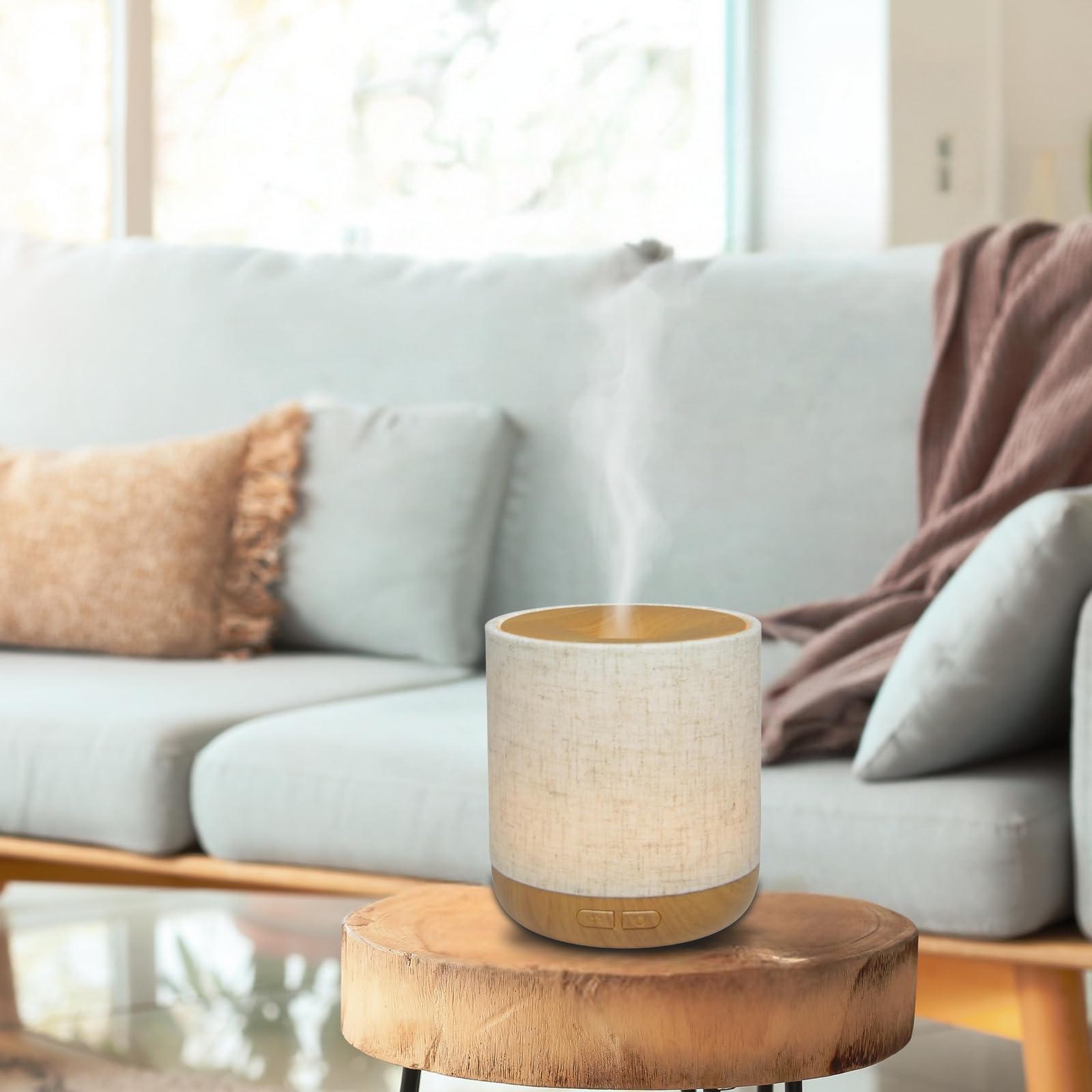 Zen'Aroma Difusor ultrasónico Alesia - Difusión de Aceite Esencial en frío Aromaterapia - Diseño Original, Carcasa de Lona de Lino y Revestimiento de Color Madera - difusión + iluminación