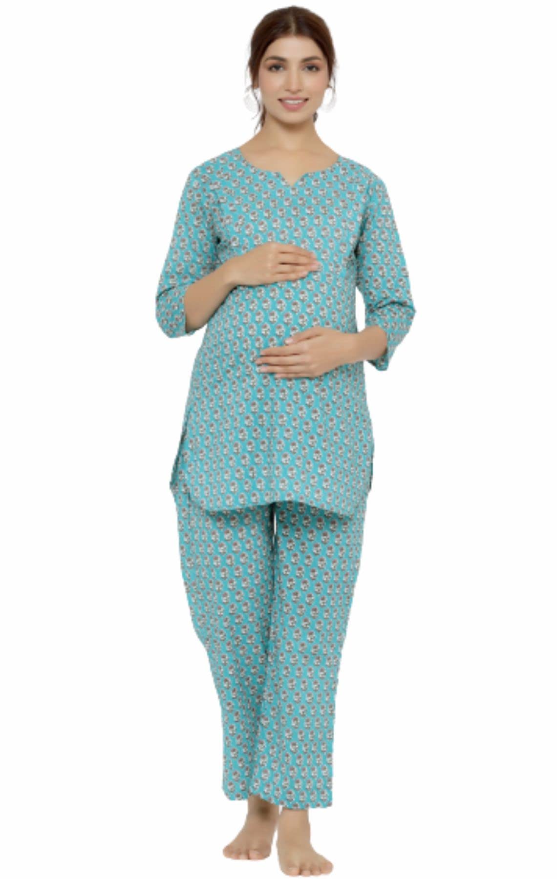 Pre & Post Maternity / Nursing Wear Hand Printed Night Suits / Night Dress with Both Sides Zipper for Easy Feeding for to Be Moms & Nursing Mothers – Pure Cotton – Turquoise-image-43
