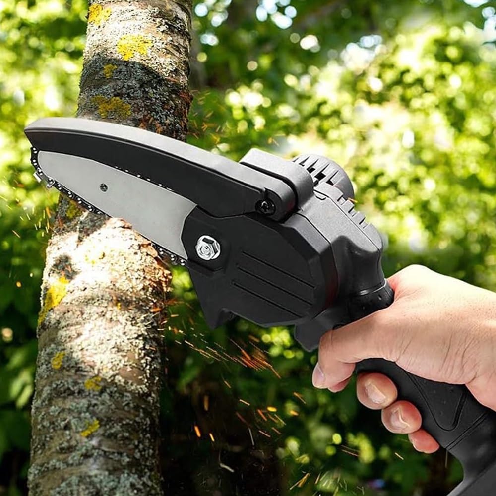 Mini motosierra a batería 48 V recargable con 2 baterías, motosierra eléctrica portátil hoja 4 pulgadas para poda árboles y ramas, sierra eléctrica de una mano con maletín