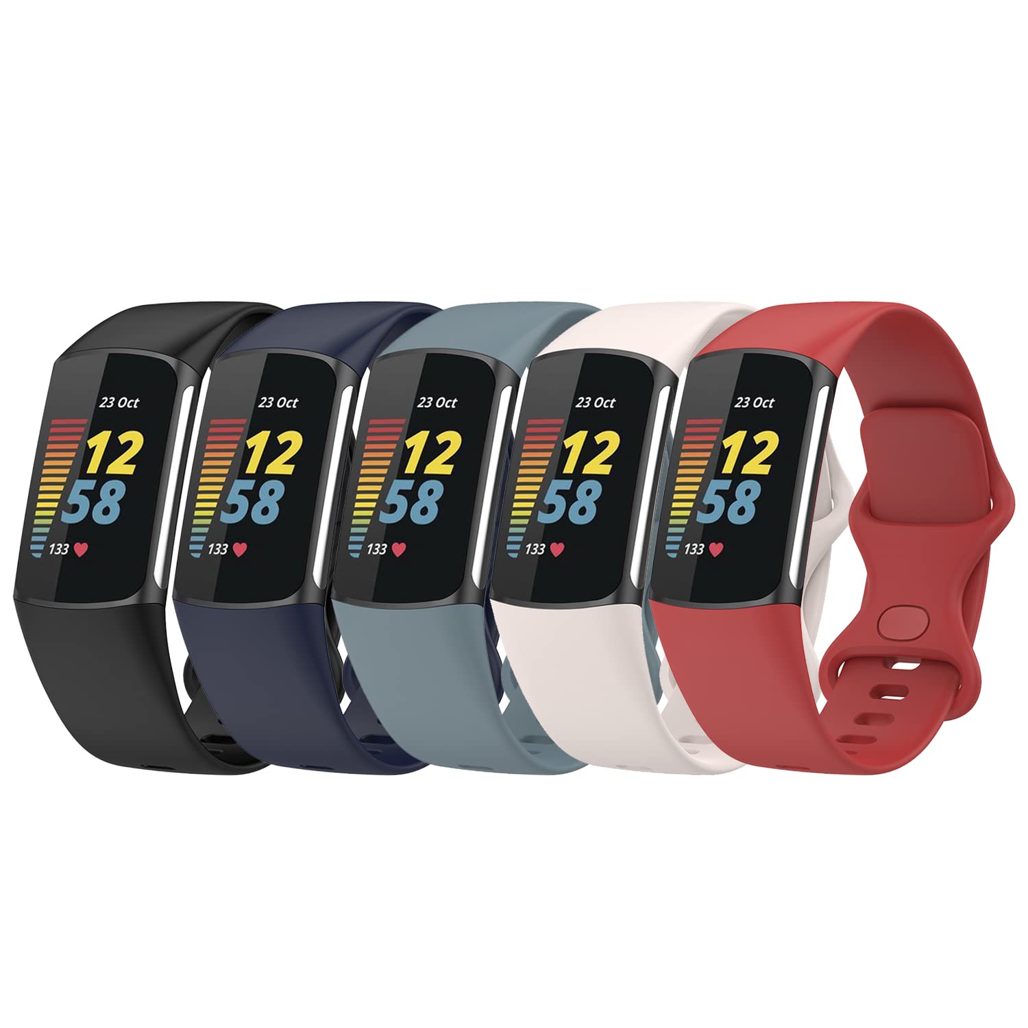 5PCS Bands Compatible with Fitbit Charge 6/Charge 5 Straps Replacement Soft Silicone Wristbands Armbands Accessory for Women Men,Small/Large Size Black,Blue,Steel blue,Moon white,Red Small