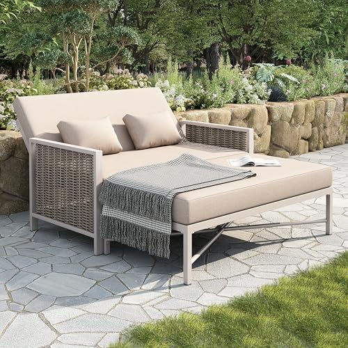 BEJUDYTT Gartenmöbel für 2 Personen Gartensofa Freizeitsofa Outdoor-Liegebett verstellbare Rückenlehne (5-stufig 0-65) versenkbare Fußstütze (Khaki + Beige)