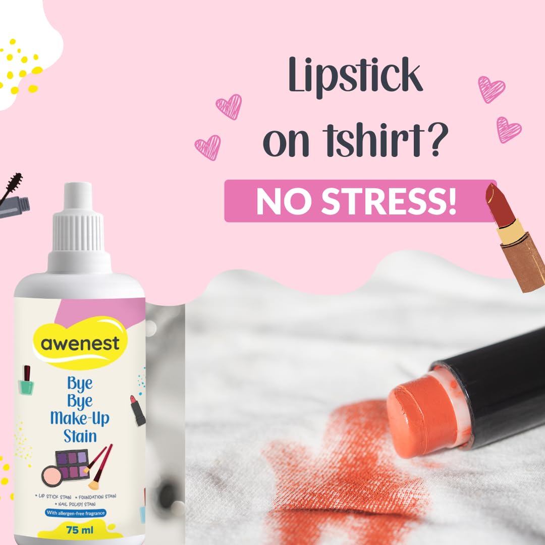 awenest Bye Bye Make-Up Stain Remover Spray for Fabric - Removes Lipstick, Foundation, Nail Polish, Ink & Other Tough Stains | Premium Spray Formula, 75 ml