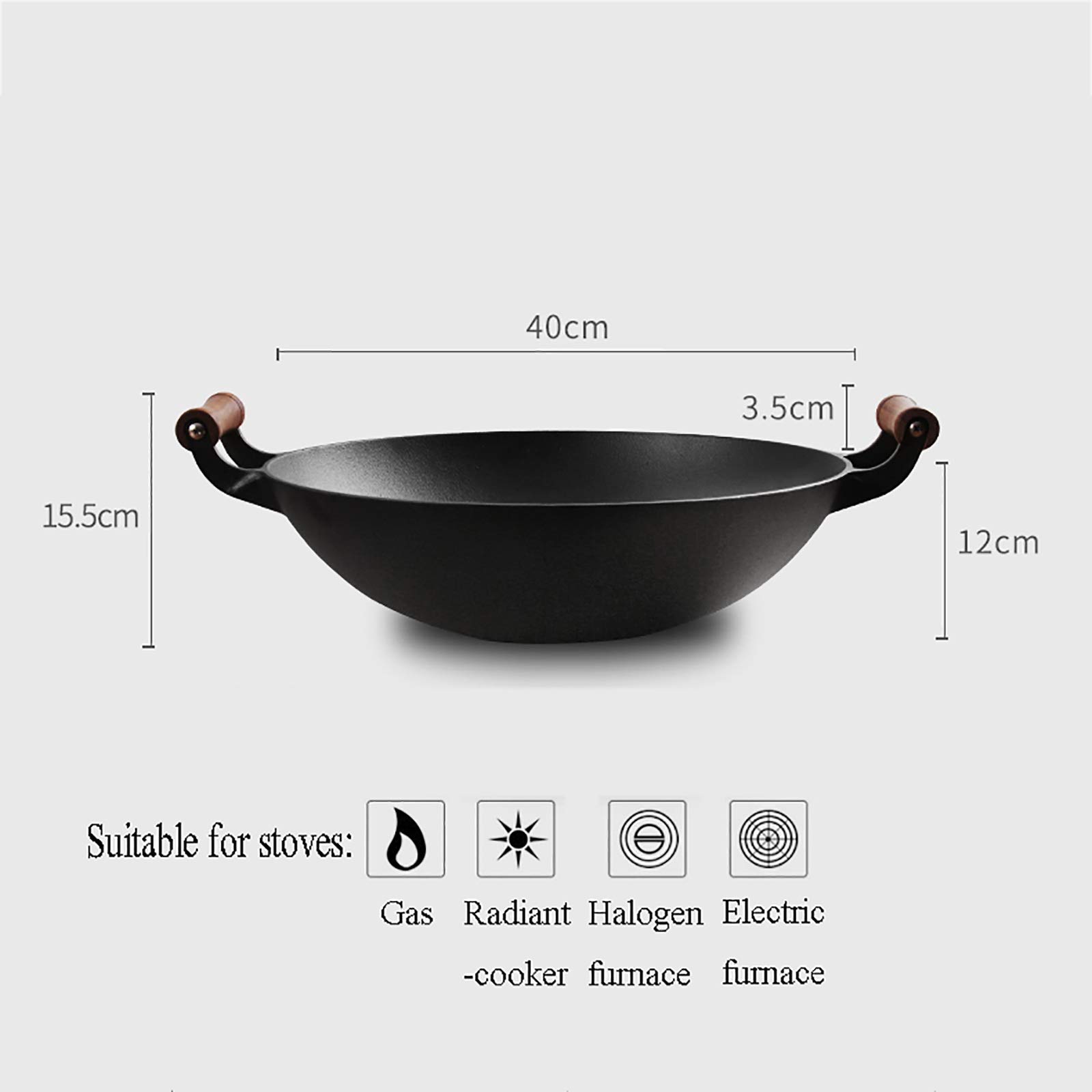 Duży 40 cm żeliwny wok z drewnianym uchwytem, wielofunkcyjna patelnia do gotowania do mieszania i smażenia na głębokim tłuszczu, czarna
