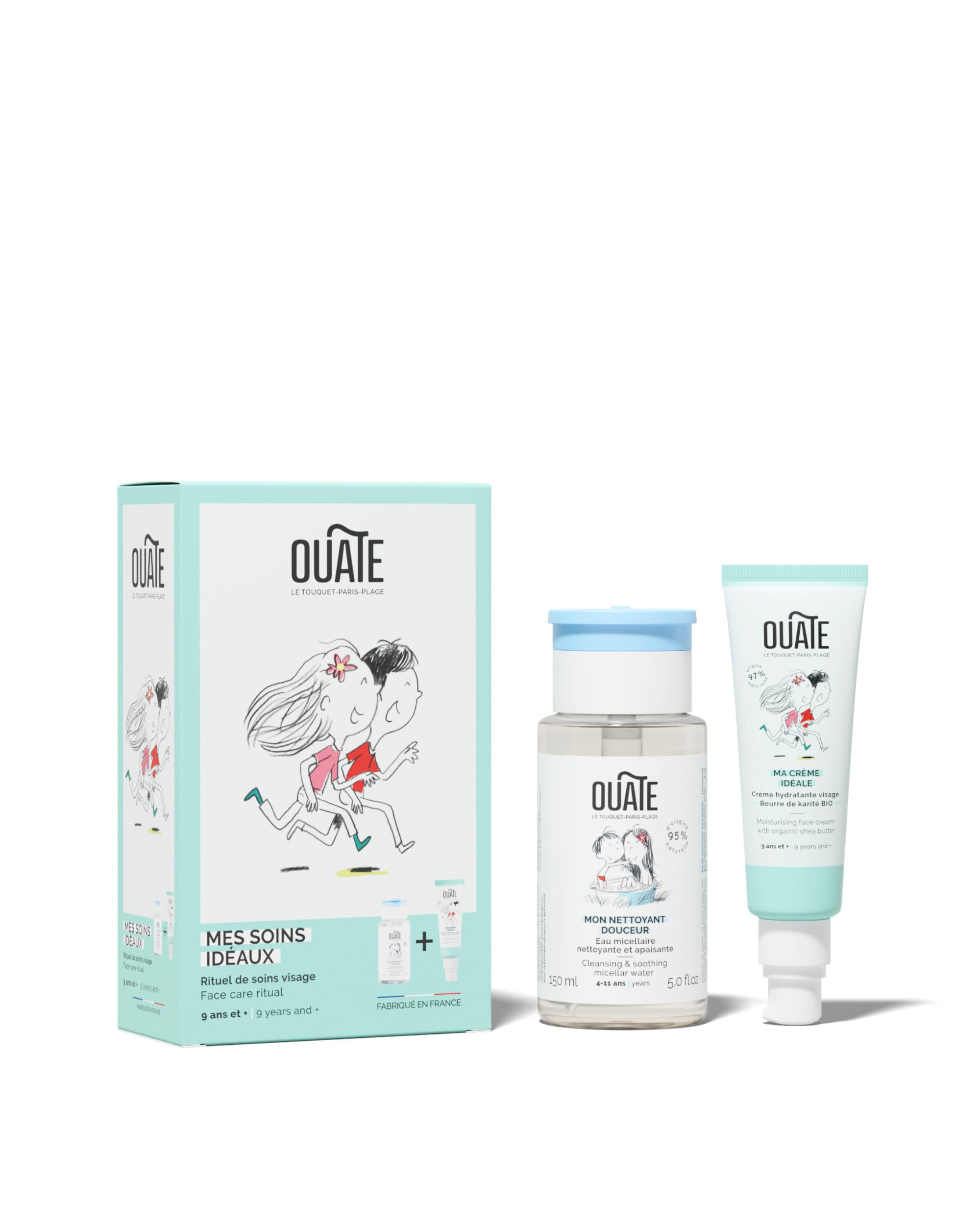 OUATE - Mes Soins Idéaux - Coffret Découverte Soin Visage OUATE - 9-11 Ans - 1 Soin Hydratant 50 ml + 1 Nettoyant Visage 150 ml - Formules Vegan - Made in France