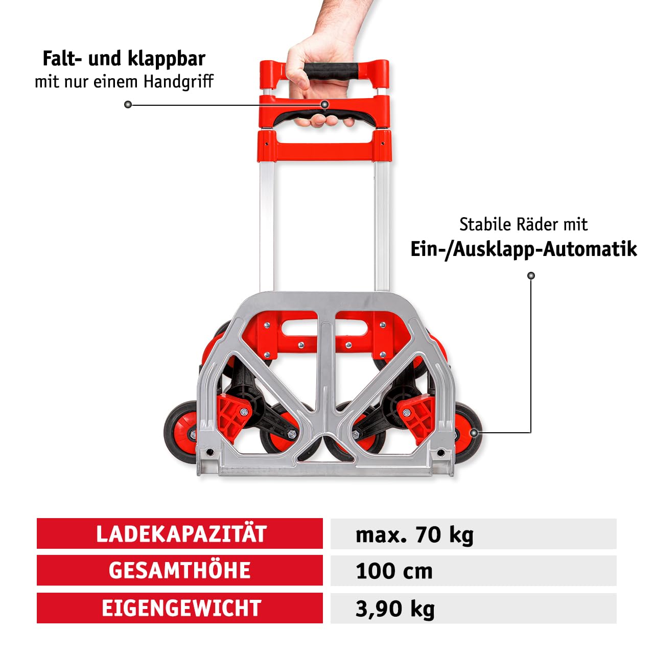 WALTER Wózek transportowy schodowy i schodowy – lekki (3,90 kg), składany, z 2 x 3 kołami gwiazdowymi z tworzywa sztucznego, w zestawie guma napinająca, nośność 70 kg, szufla z odlewu aluminiowego