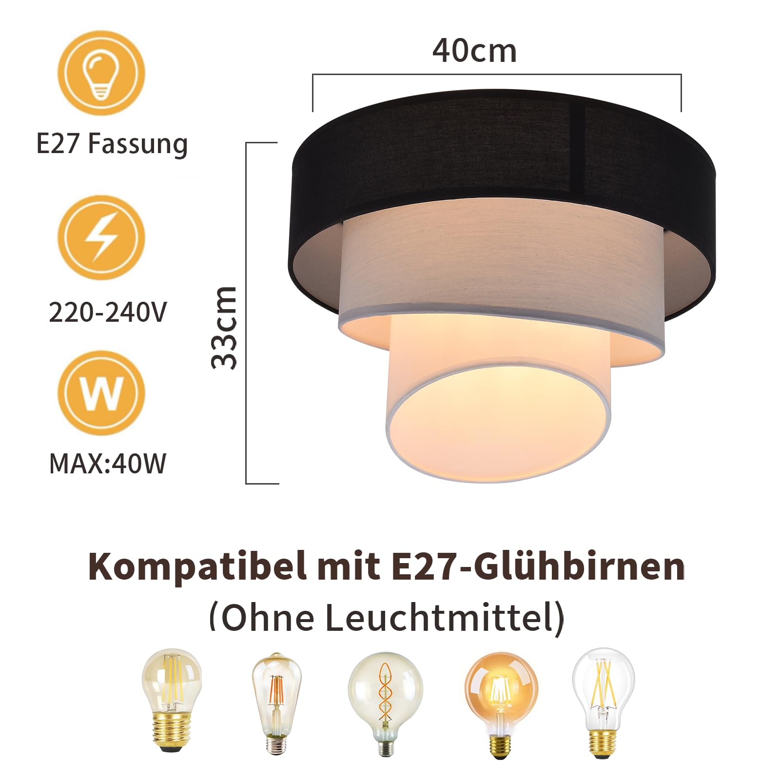 ZMH Deckenlampe Schlafzimmer Deckenleuchte Stoffschirm - E27 Stoffdeckenlampe Ø40cm Warmweiß Schlafzimmerlampe Stoff Schwarz Modern Deckenbeleuchtung für Küche Flur Büro (ohne Leuchtmittel) | Stoffdeckenlampe Warmweiß Stoff Schwarz Modern Deckenbeleuchtun