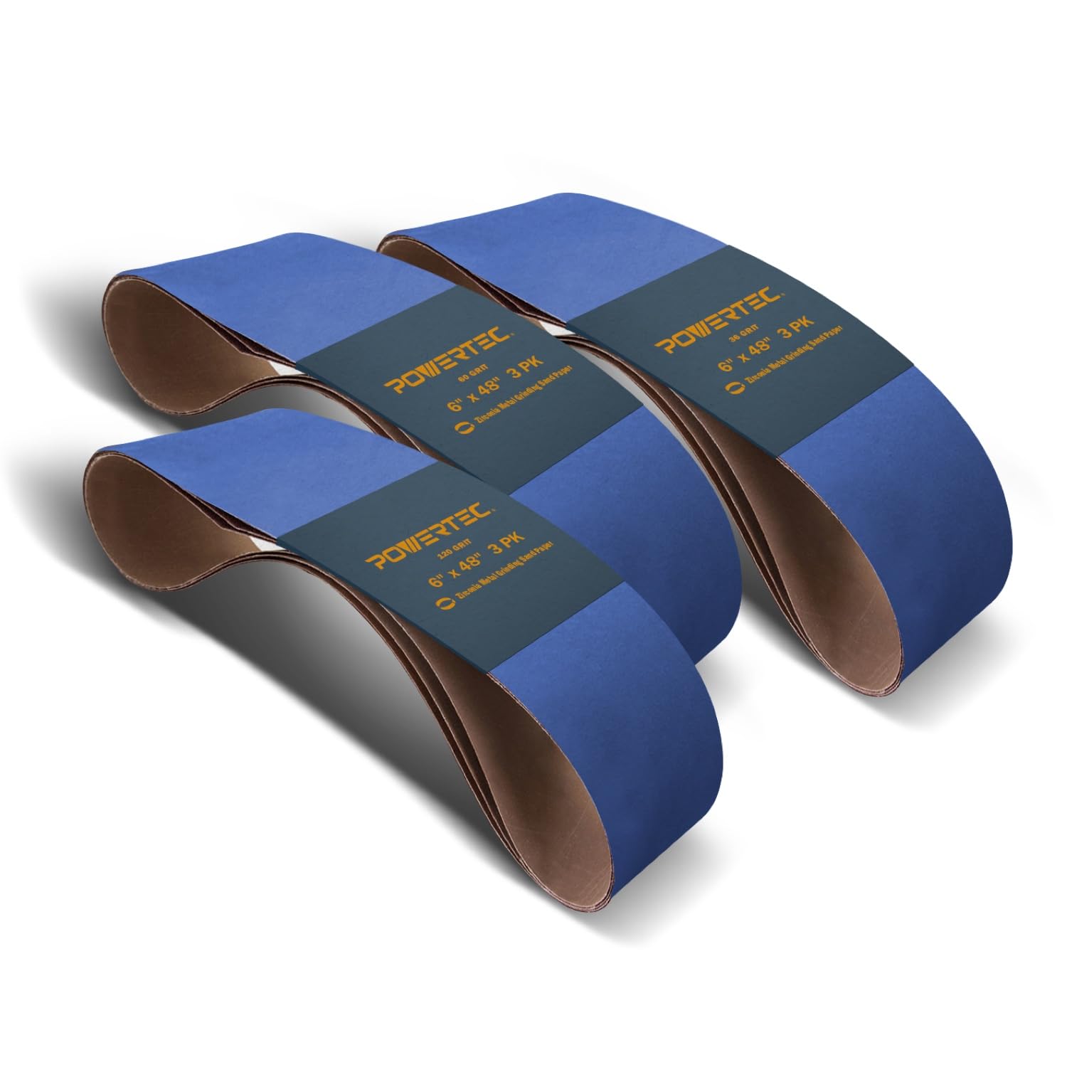POWERTEC 464802Z Nastri abrasivi in zirconia, 15,2 x 121,2 cm, 3 pezzi per ciascuna grana 36/60/120, 9 pezzi, assortimento di nastri abrasivi per levigatrice da banco, levigatrice a nastro e a disco