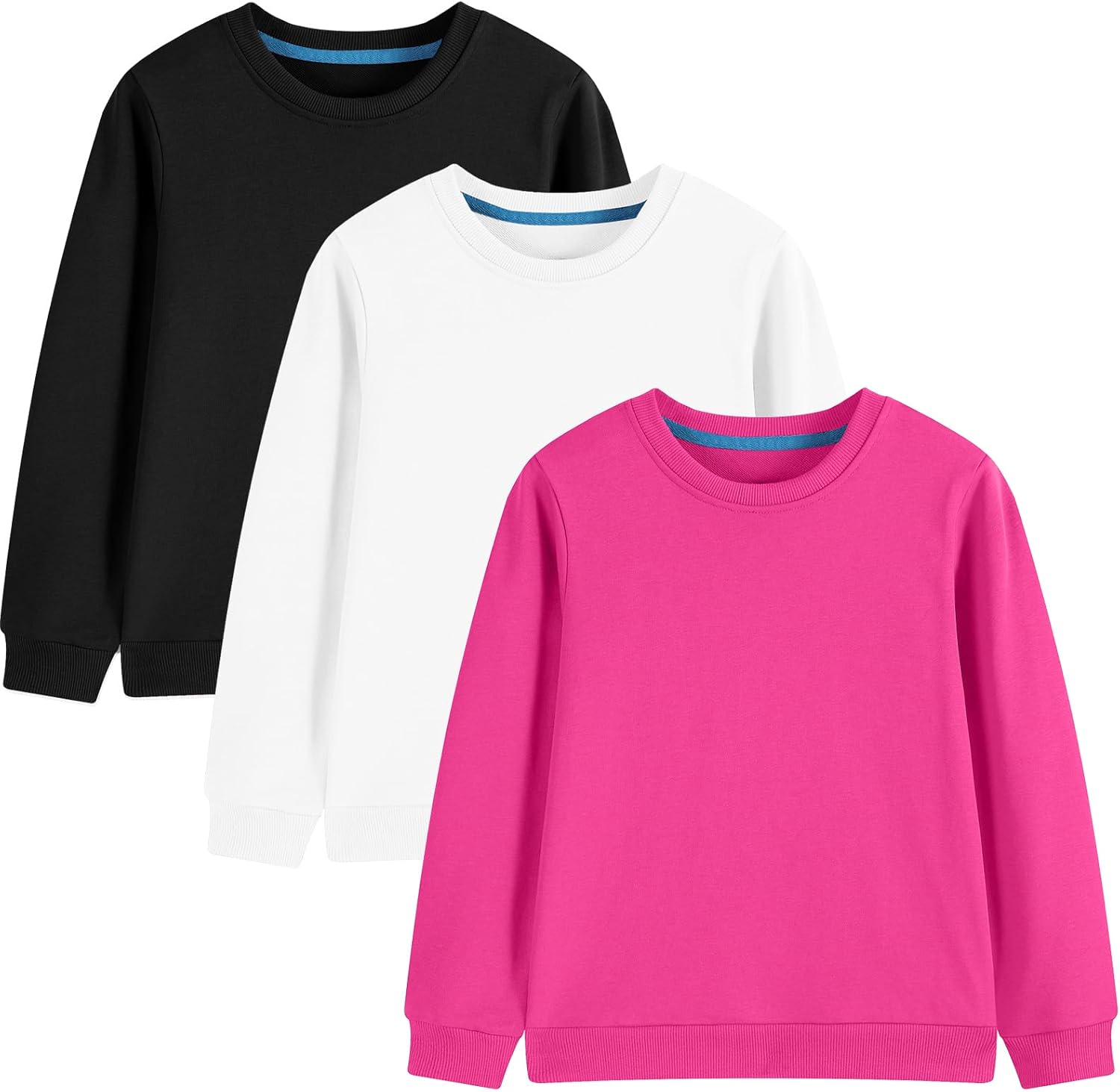Shouldin 3-Pack Kids and Toddlers' Crewneck Sweatshirts Medium Weight Solid Long Sleeve Pullover Tops for Boys and Girls