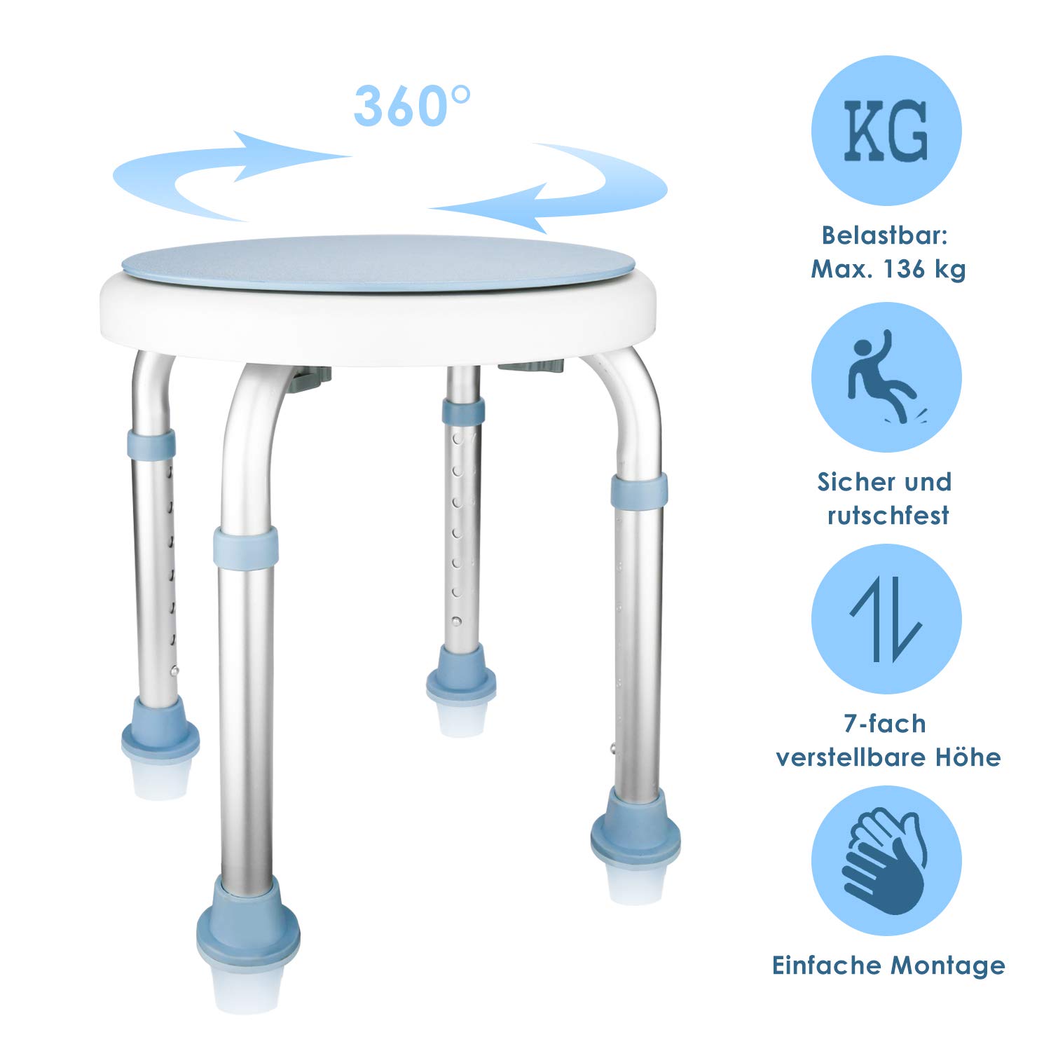Taboret prysznicowy - obrotowe krzesło prysznicowe o 360°, maks. obciążenie 150 kg, regulacja wysokości, z antypoślizgowymi gumowymi nóżkami zapewniającymi pewny chwyt - taboret łazienkowy