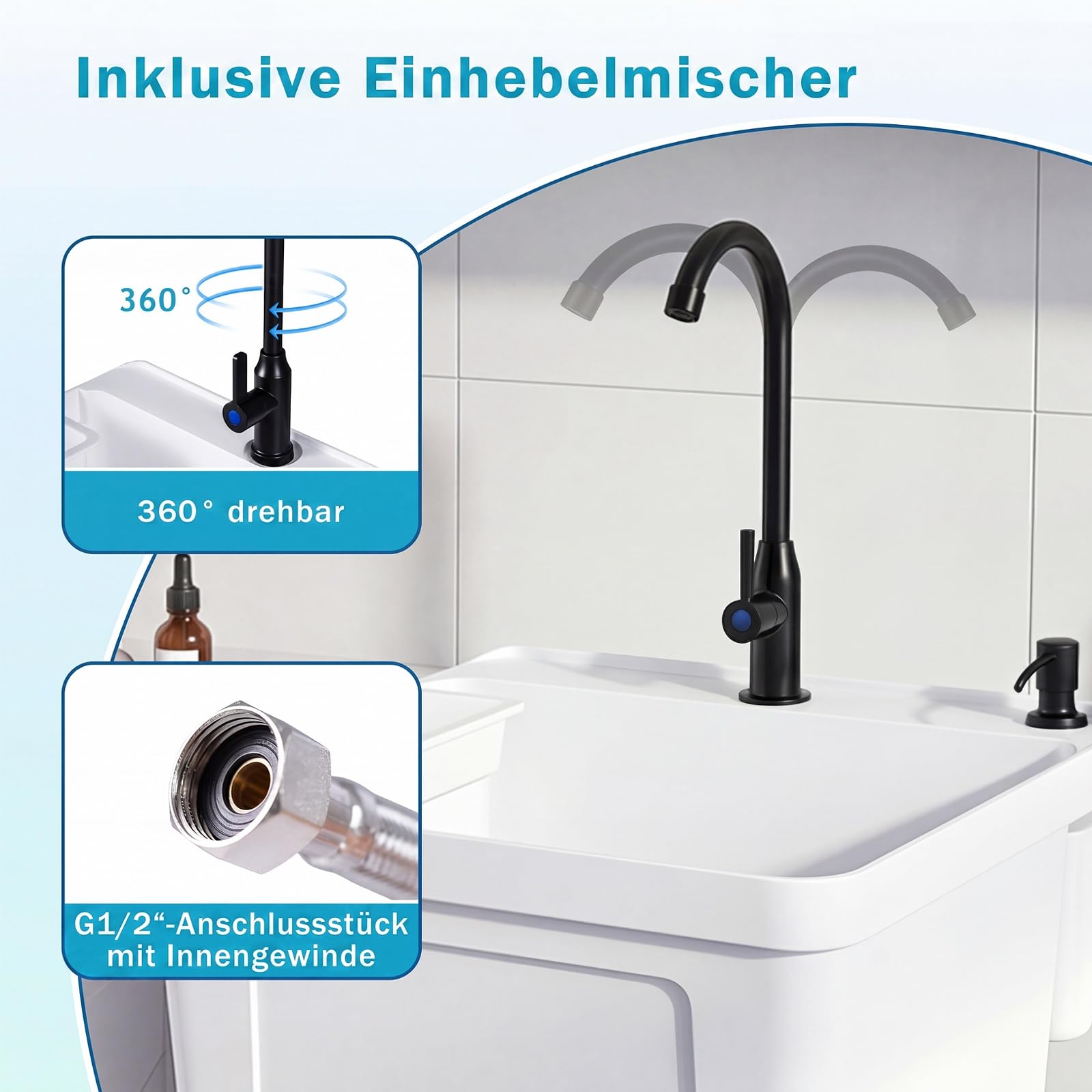 COSTWAY Ausgussbecken, Waschbecken mit Ablage, Abtropff & 360° Wasserhahn, inkl. Abflussgarnitur, Spülbecken für Garage Garten Waschküche, Küchenspüle aus Kunststoff Metall, 50,5 x 48 x 120,5 cm, Weiß