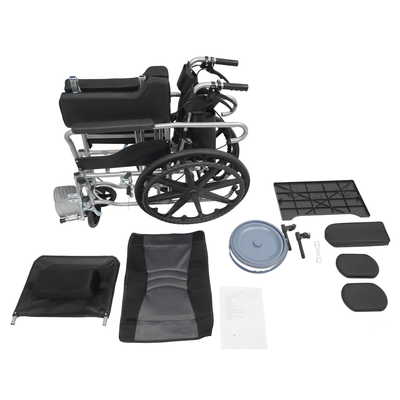 Silla de ruedas reclinable con respaldo de 90 – 180 ° y altura ajustable 89 – 121 cm, silla de ruedas de transporte de hasta 100 kg con protección antivuelco y rueda de freno, silla de ruedas