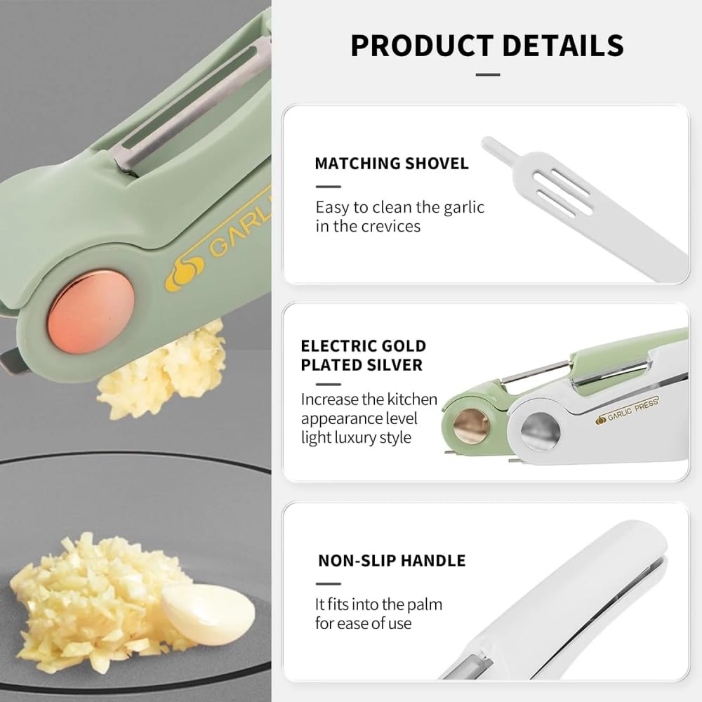 2-in-1-Knoblauchpresse, Knoblauchpresse aus Edelstahl, Knoblauchschäler und Knoblauchreinigungswerkzeug, leicht zu drückender Knoblauchschneider, ergonomischer Griff, rostfrei, Spülmaschinen-Knoblauch