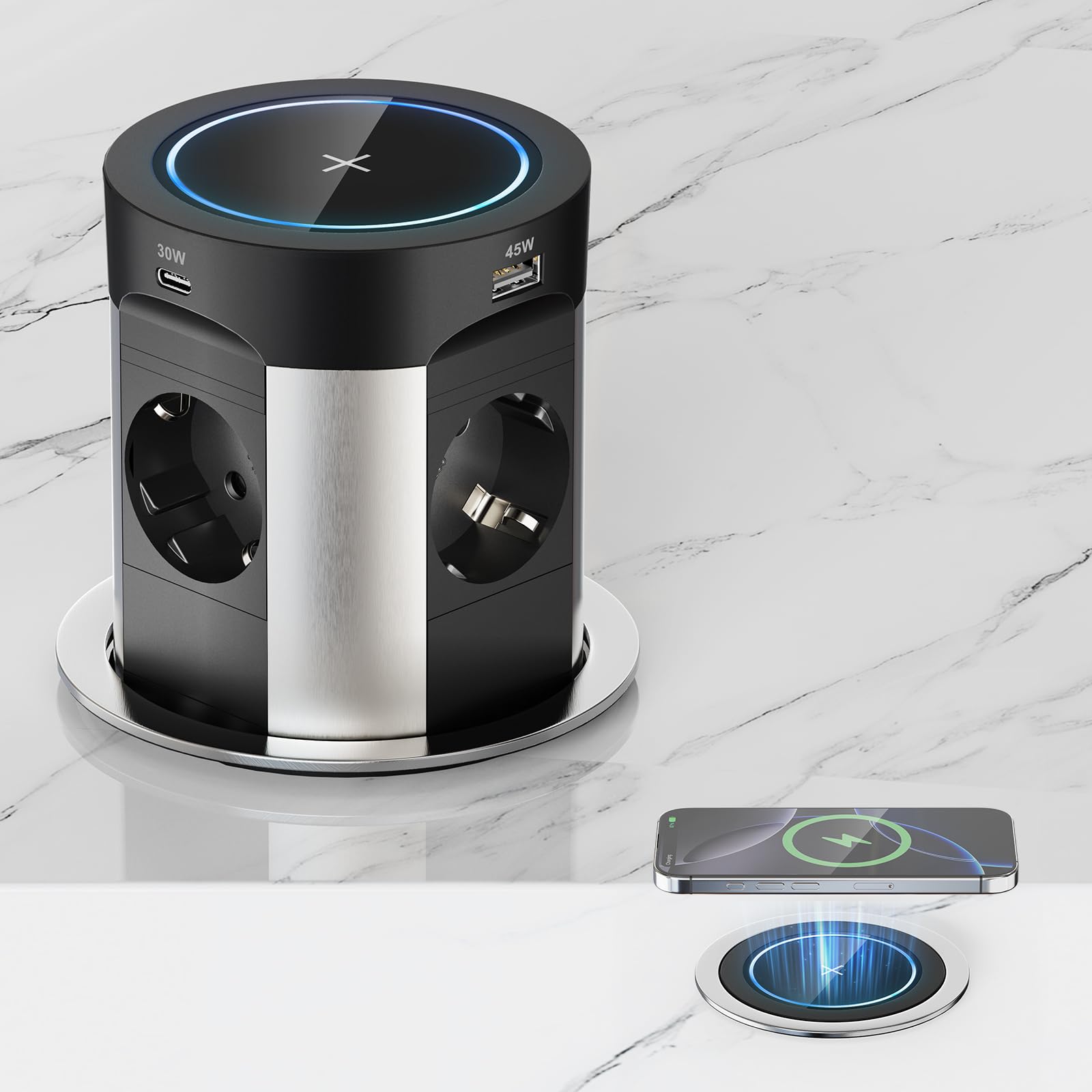 Versenkbare Steckdose mit 75W USB-C Gesamtleistung, 4-Fach, Qi 15W | 2x USB-A 45W+30W, Ø100 mm Ausschnitt, 1,8 m Kabel, Küche & Arbeitsplatte, Schwarz