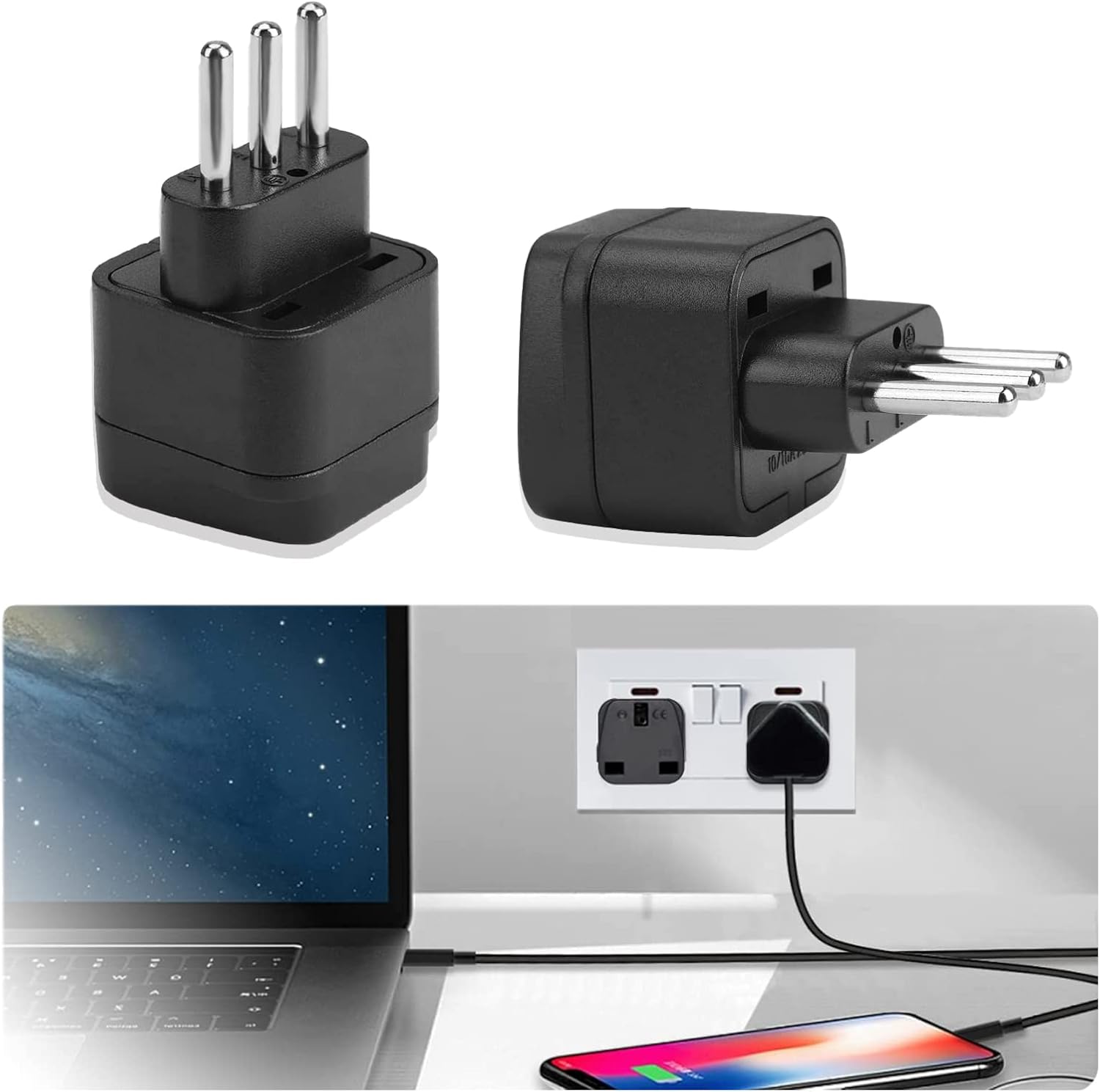 AZWOOD UK to Italy Plug Adapter, 2PCS UK to 3 pin Italy Travel Adaptor Converter, UK to Italian