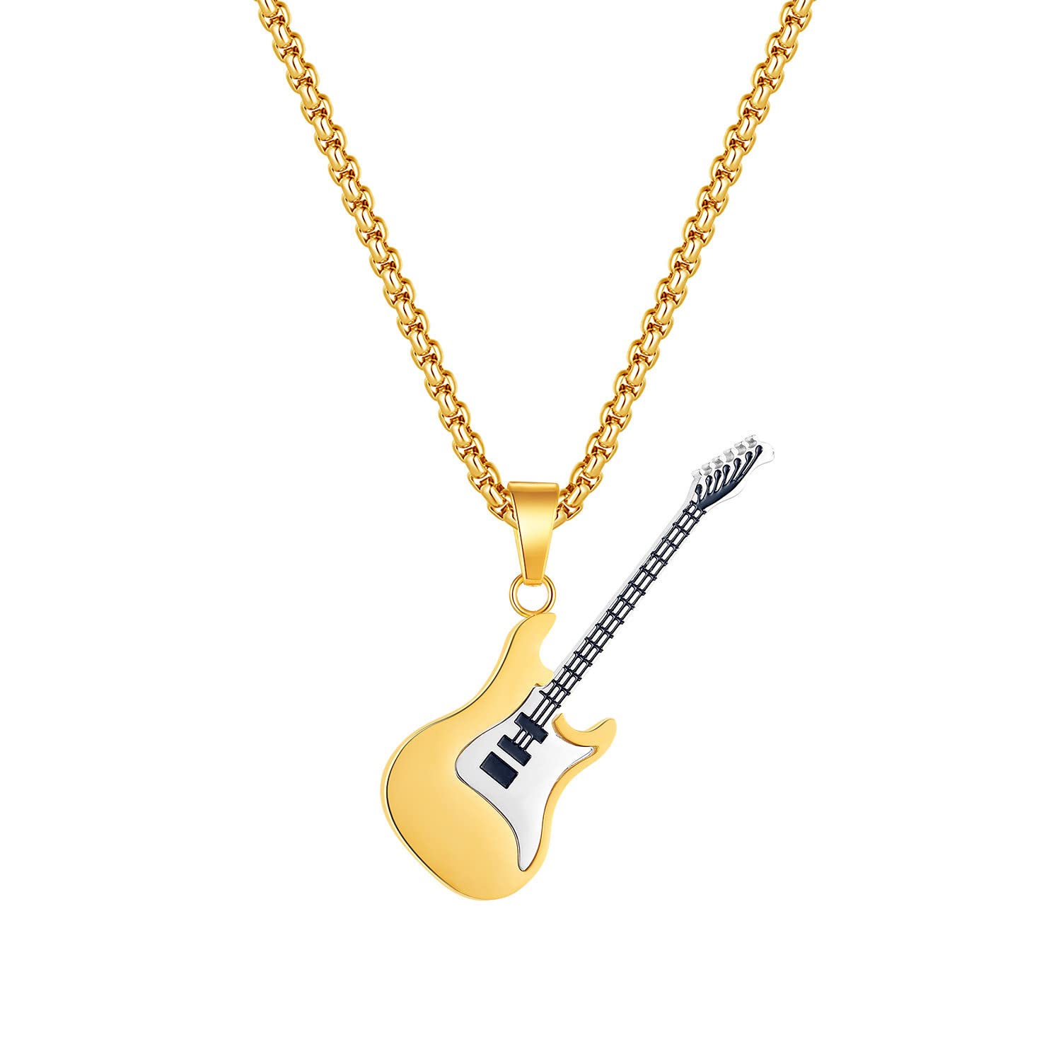 Koguxuix Fashion Jewelry Stainless Steel Rock Electric Guitar Bass Pendant Necklace with 23.6 Inches 3mm Rolo Chain for Music Lover