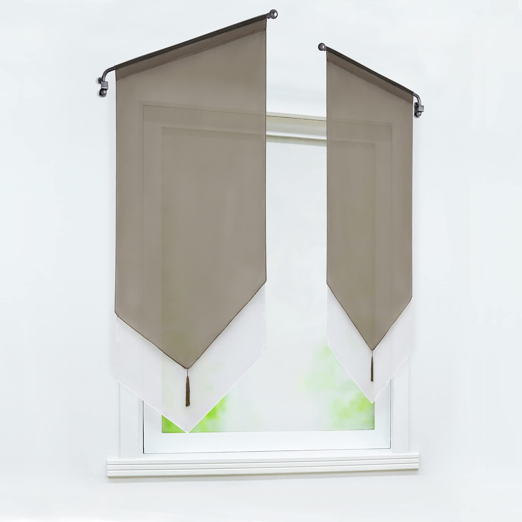 Rideau Brise-bise JOYSWAHL - 40x90cm - Passe Tringle - Transparent - Frange Pompon - Sable