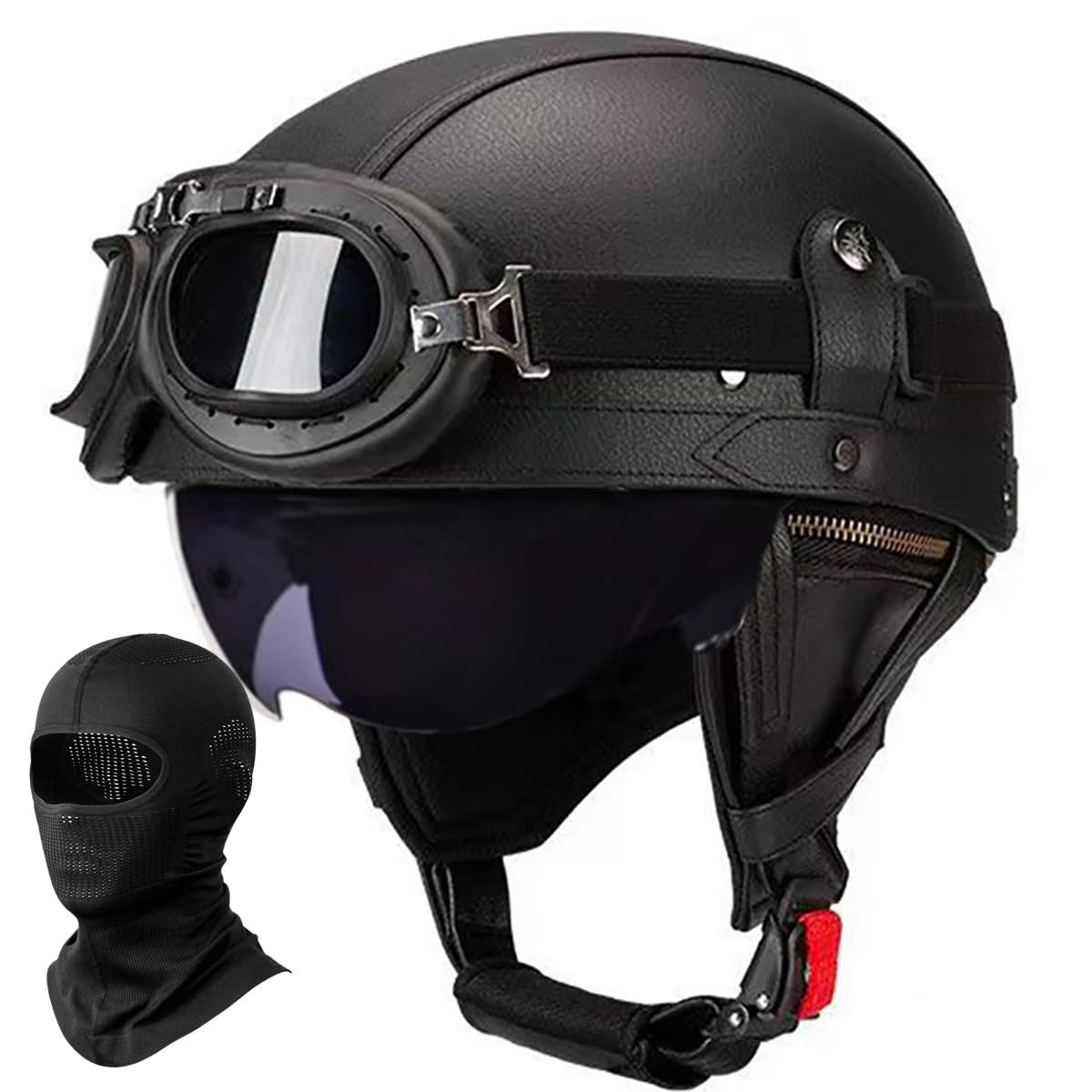 German Leather Motorcycle Half Helmet for Adults Men Women, Vintage, Half Shell Helmet ECE Approved Half Face Helmet with Goggles and Visor, for Bicycle Cruiser Scooter Chopper