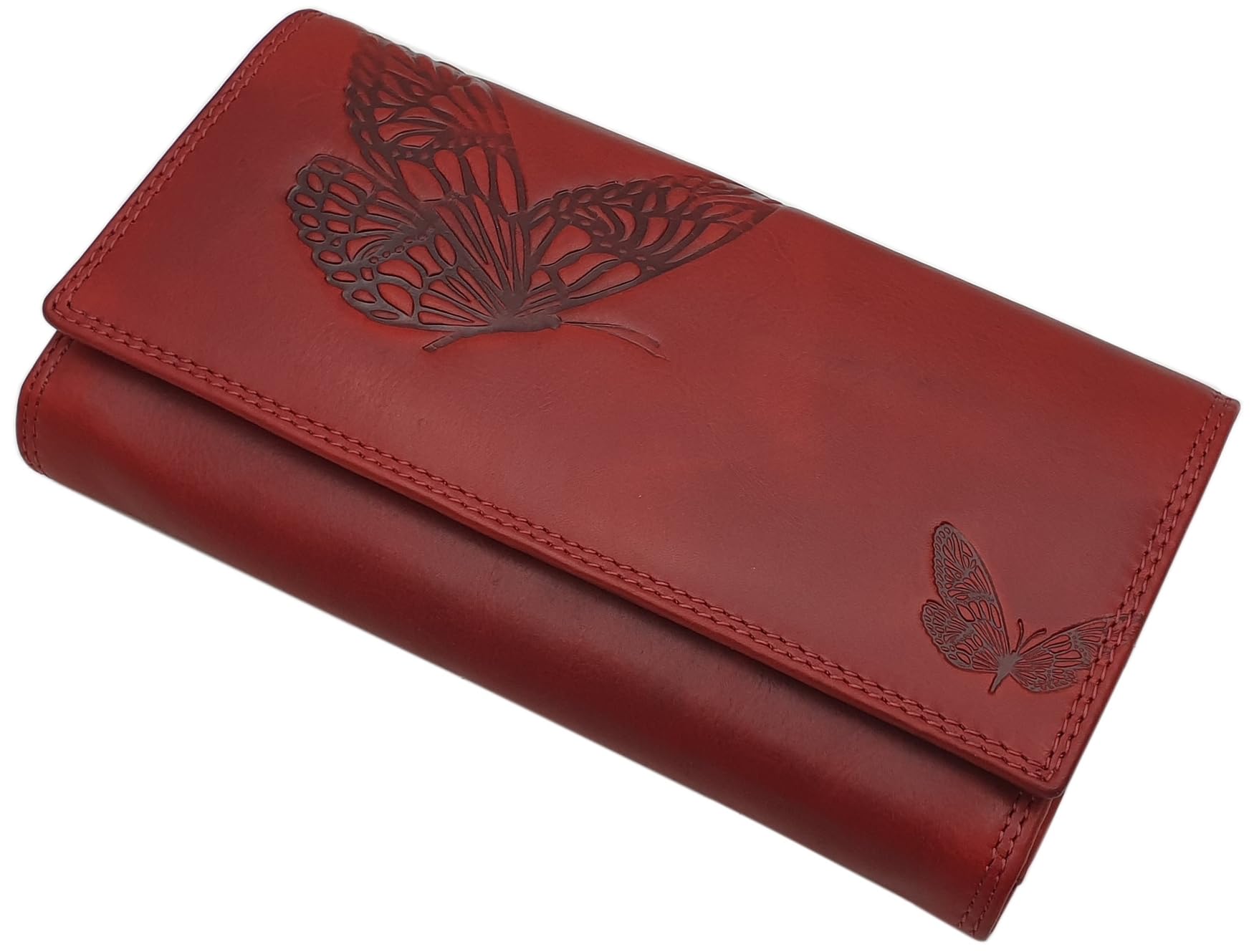 myledershop Grande vacchetta portafoglio per donna con farfalla-motivo con blocco RFID & NFC (Rosso Ciliegia)