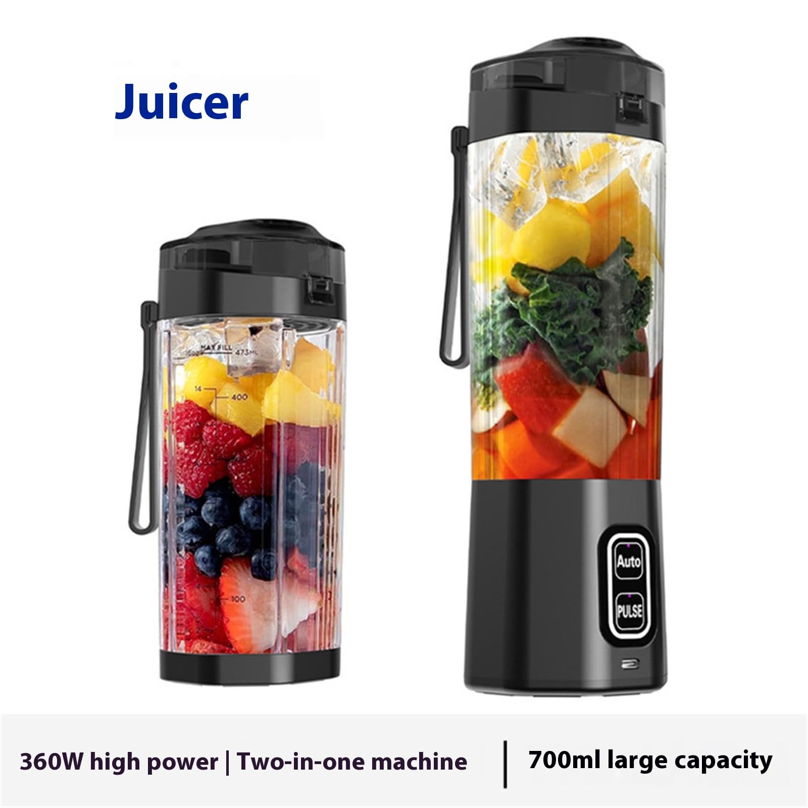 Mélangeur portable 200 W pour shakes, 6000 mAh, rechargeable, tasse de presse-agrumes de 600 ml pour la cuisine, le bureau, rechargeable pour les voyages, la salle de sport, le bureau, la fabrication