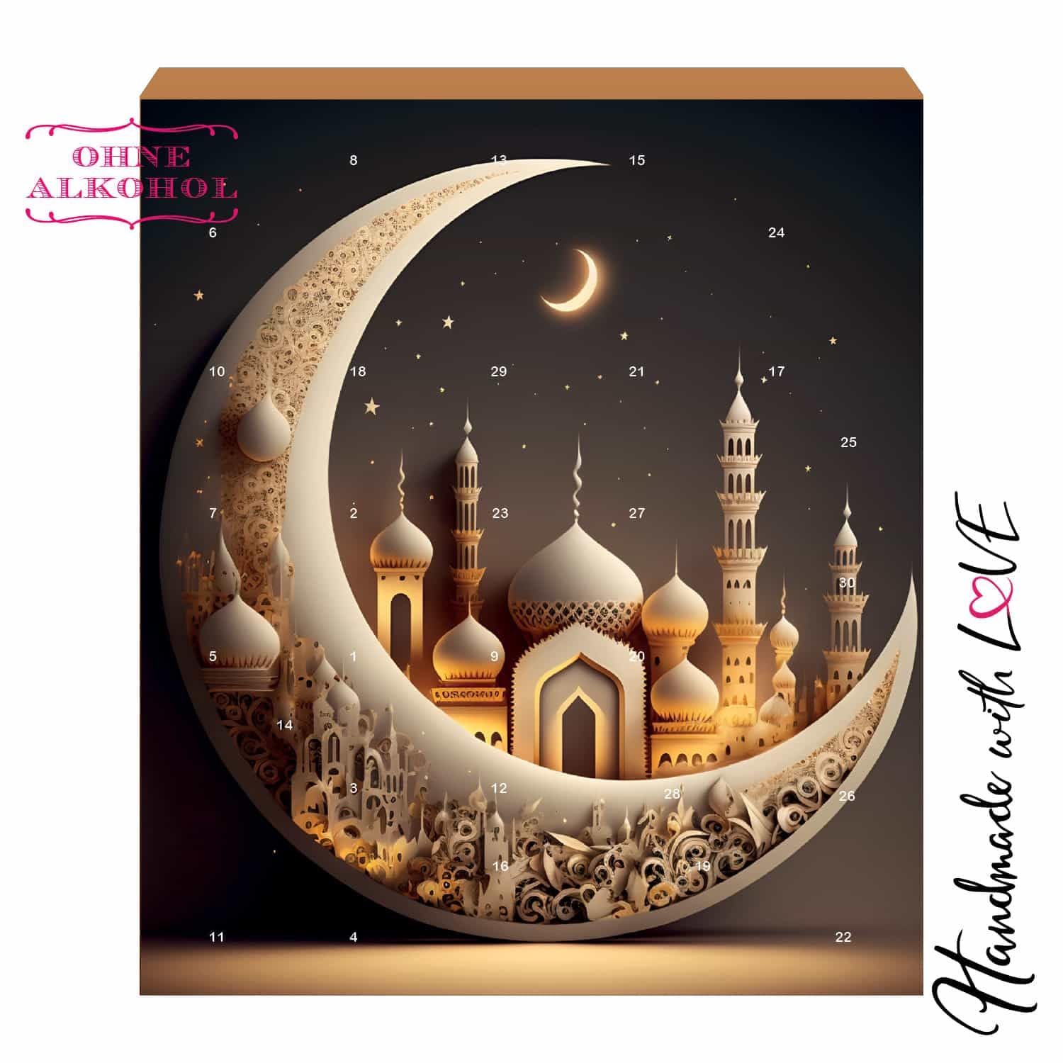 Hallingers Genuss Manufaktur Pralinen Halal Ramadan - ohne Alkohol, handmade aus Edelkakao in wertigem Softfeel-Karton "Ramadan - Kareem", Kareem Maburak für Frauen Männer