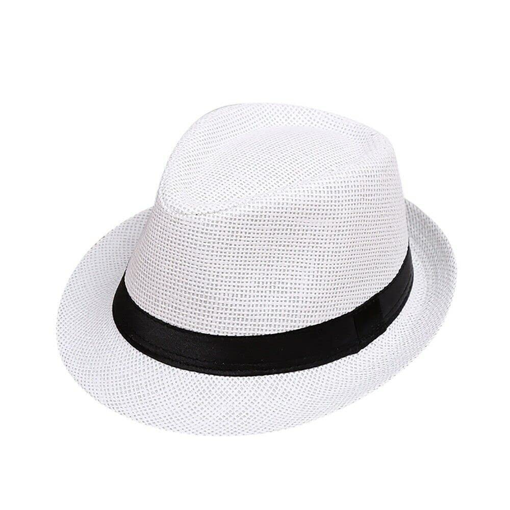 Boolavard Kids Girls Boys Summer Fedora Straw Hat Wide Brim Floppy Beach Sun Visor Hat (White)