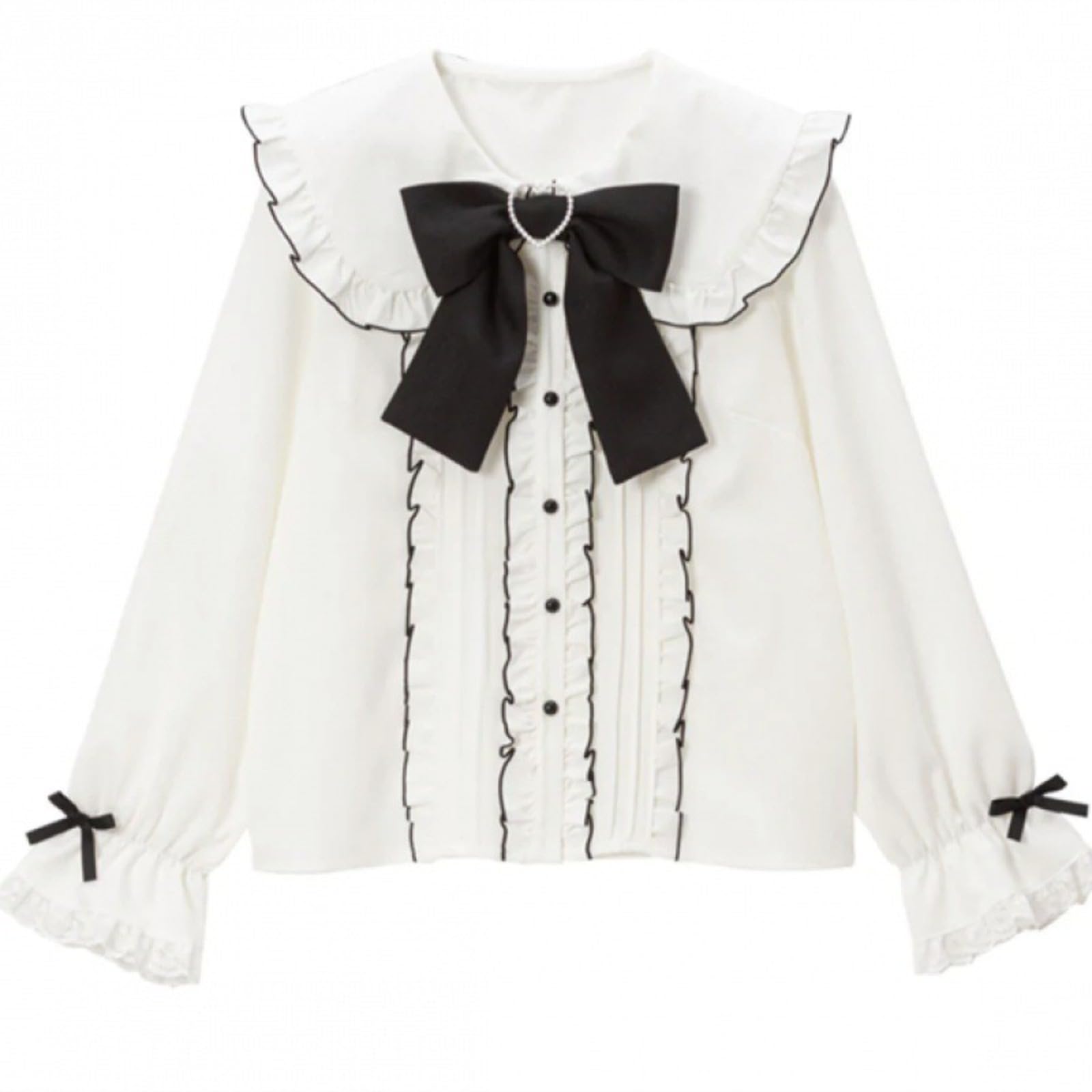 Pokn Women's White-2 Jirai Kei Lolita Fashion Cutecore Clothes Kawaii Clothing Blouse Goth Shirt Lace Mesh Sheer Long Sleeve Blouse, S