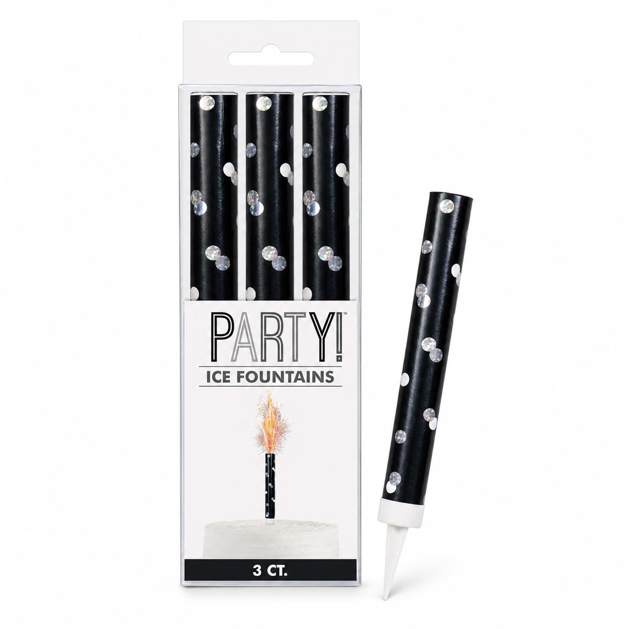 Black & Silver Glitz Ice Fountains Candles 15cm, Pack of 3 Birthday Cake Sparkler Candles for Celebration Cakes & Parties