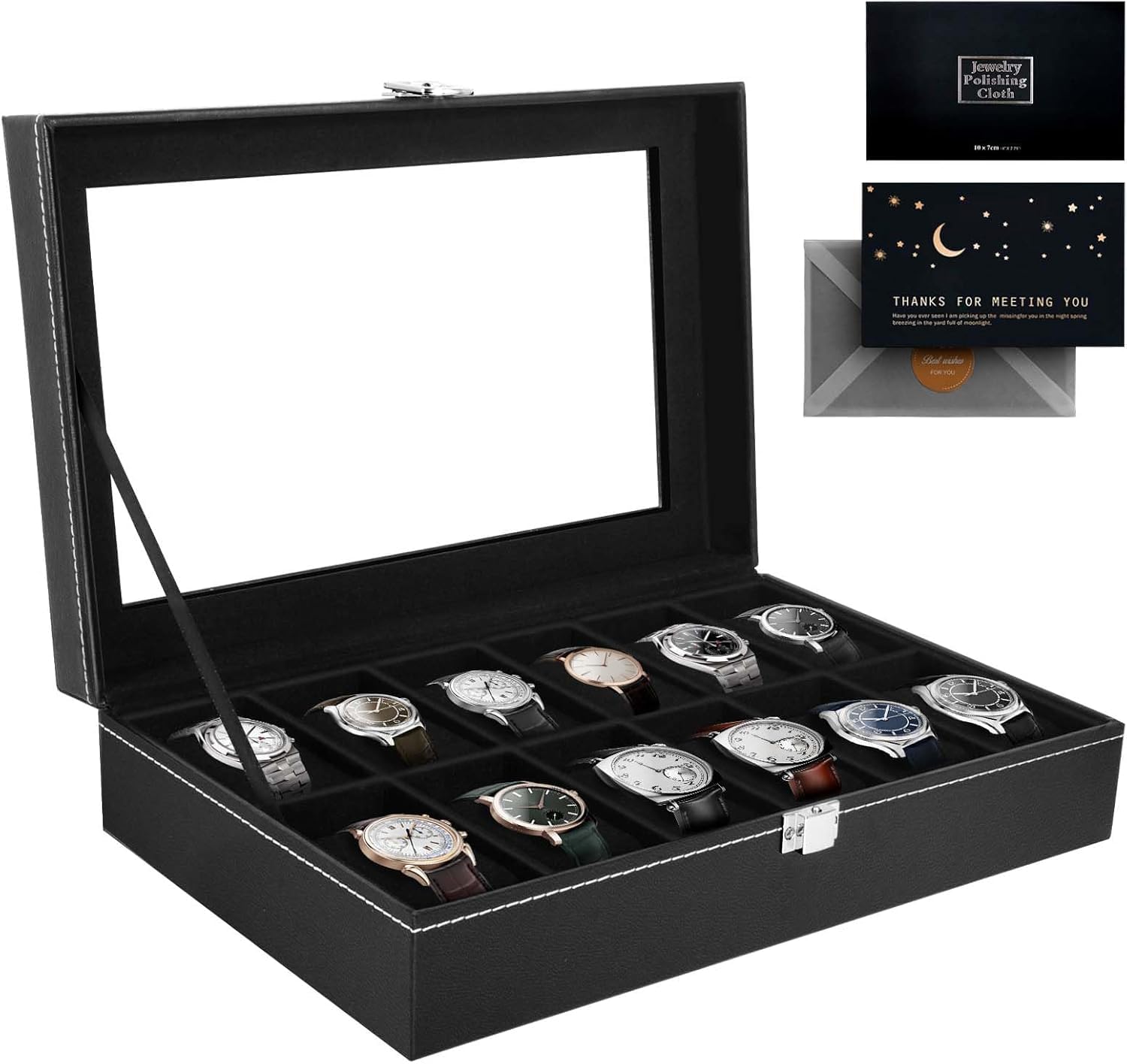 Caja de Relojes con Tapa de Cristal y Cojín Extraíble 12 Ranuras Organizador