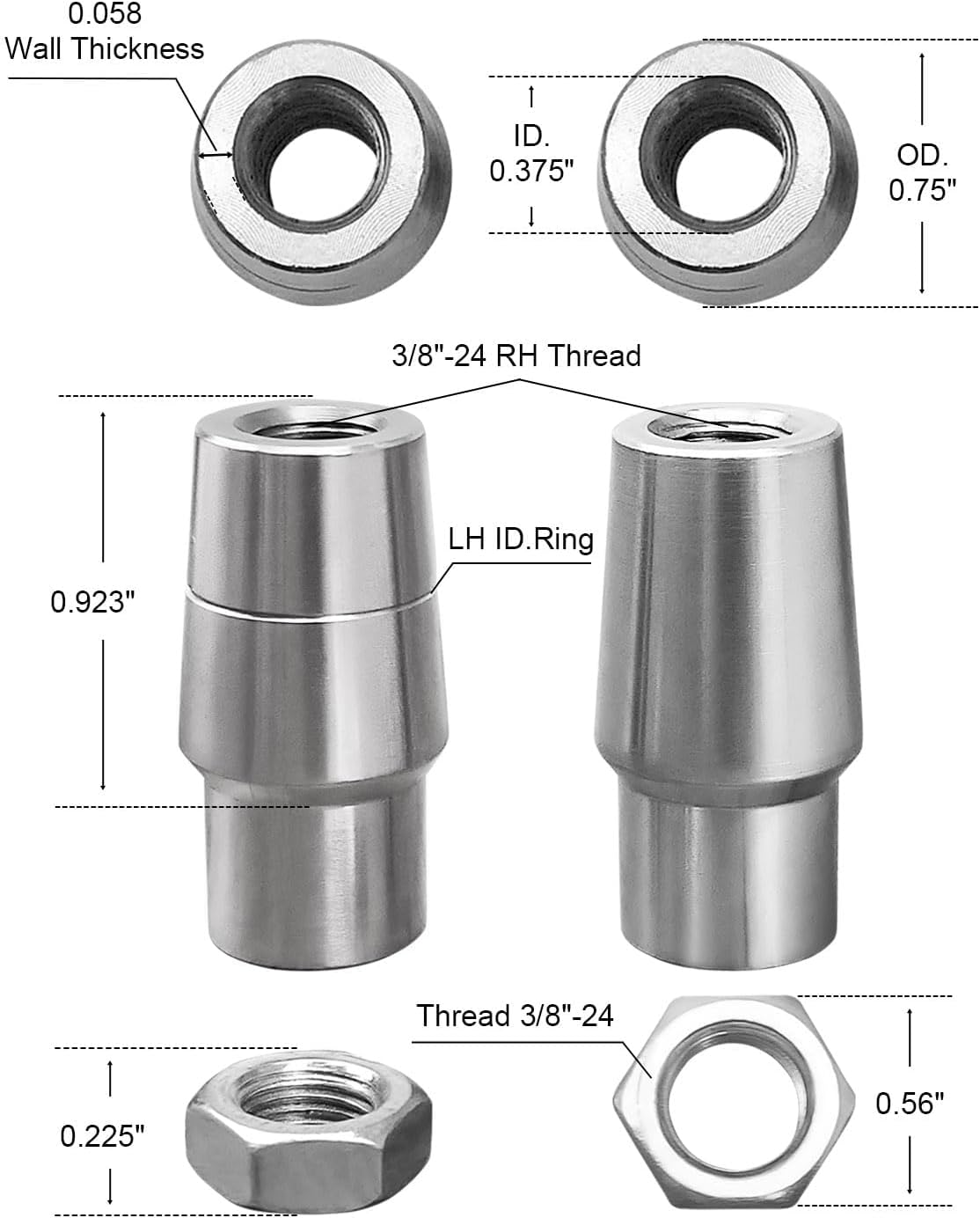 3/8 x 3/8-24 Heim Joints Rod End Kit Economy with Tube Adapters and Jam Nuts, Heim Joints Panhard Bar Kit .058 Bungs Rod End Heim Joint LH and RH, 2 Set