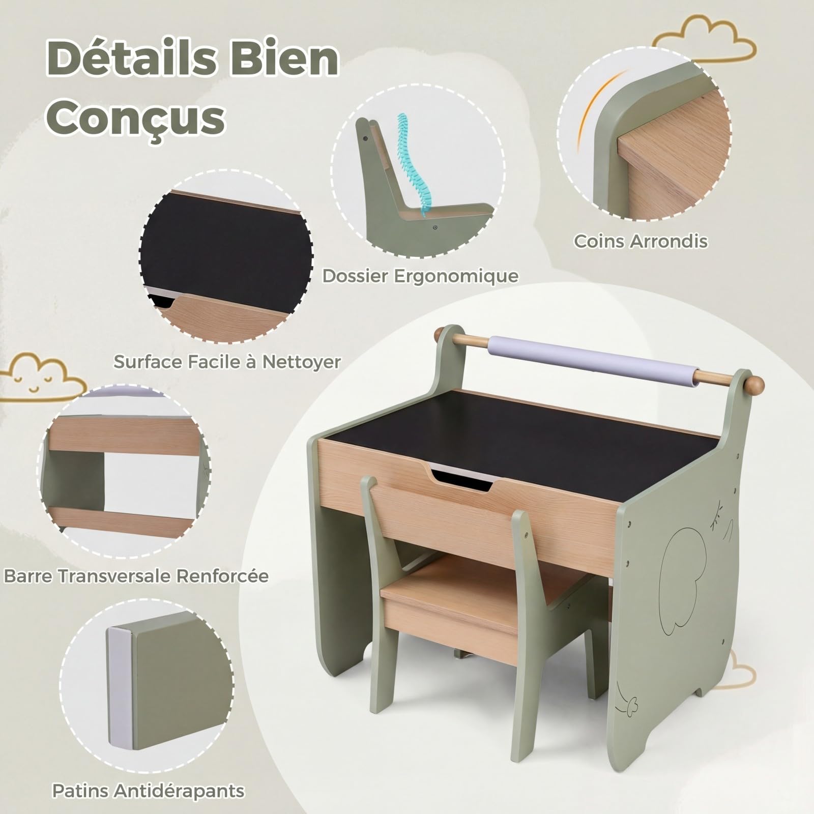 COSTWAY 4 en 1 Table Enfant avec Chaise en Forme d'Eléphant, Table et Chaise en Bois avec Tableau Amovible & Porte-Rouleau de Papier, Charge 40/100 kg
