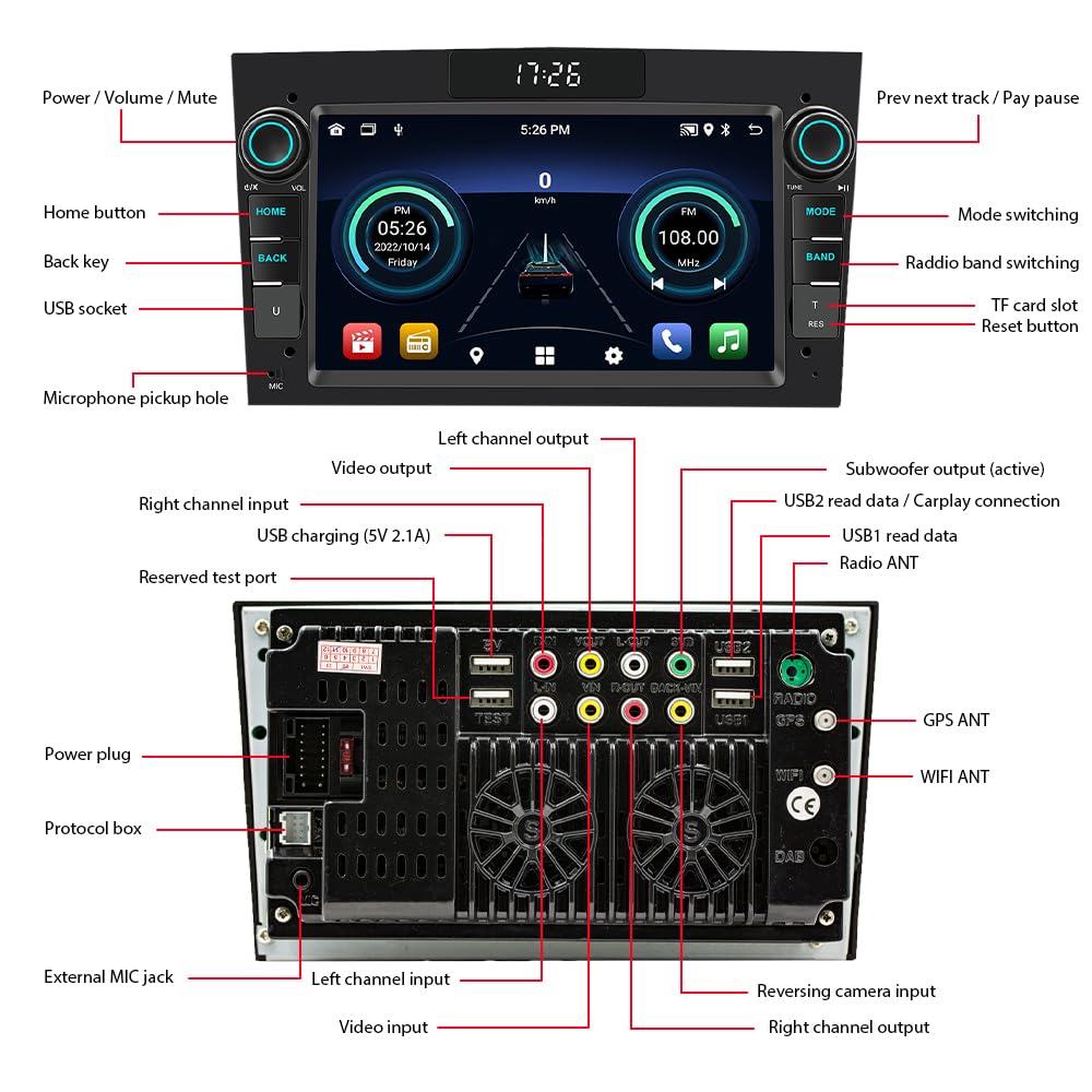 Autoradio Compatible with Opel Vauxhall Corsa, Astra, Vectra, Zafira, Antara Android 2G+64G, CarPlay sans Fil et Android Auto, Bluetooth, écran LCD 7 Pouces, GPS, RDS, WiFi
