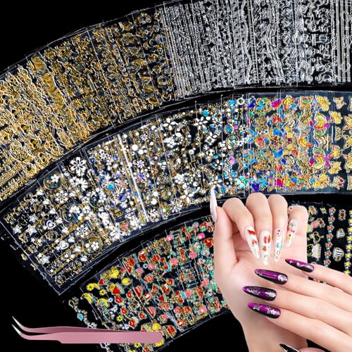 Teenitor 50 Sheets Nail Stickers for Kids Cute Nail Decals for Girls Women 3D Self Adhesive Gold Nail Stickers for Nail Art Star Fruit Butterfly Silver Nail Art Deals for Holiday