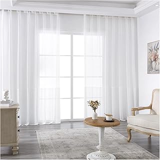 Daesar Modern Curtains Living Room 2 Panels, Sheer Voile Bedroom Curtains Eyelet Polyester White Solid Color Grid Window Treatment Curtains 42