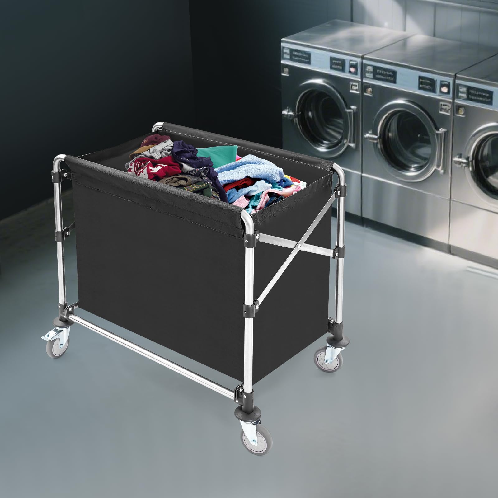 Carrello portabiancheria pieghevole in acciaio inox, portata 440 libbre, carrello portabiancheria con ruote e sacchetto Oxford, pieghevole, salvaspazio, 87 x 52 x 78 cm, per hotel, lavanderia, casa